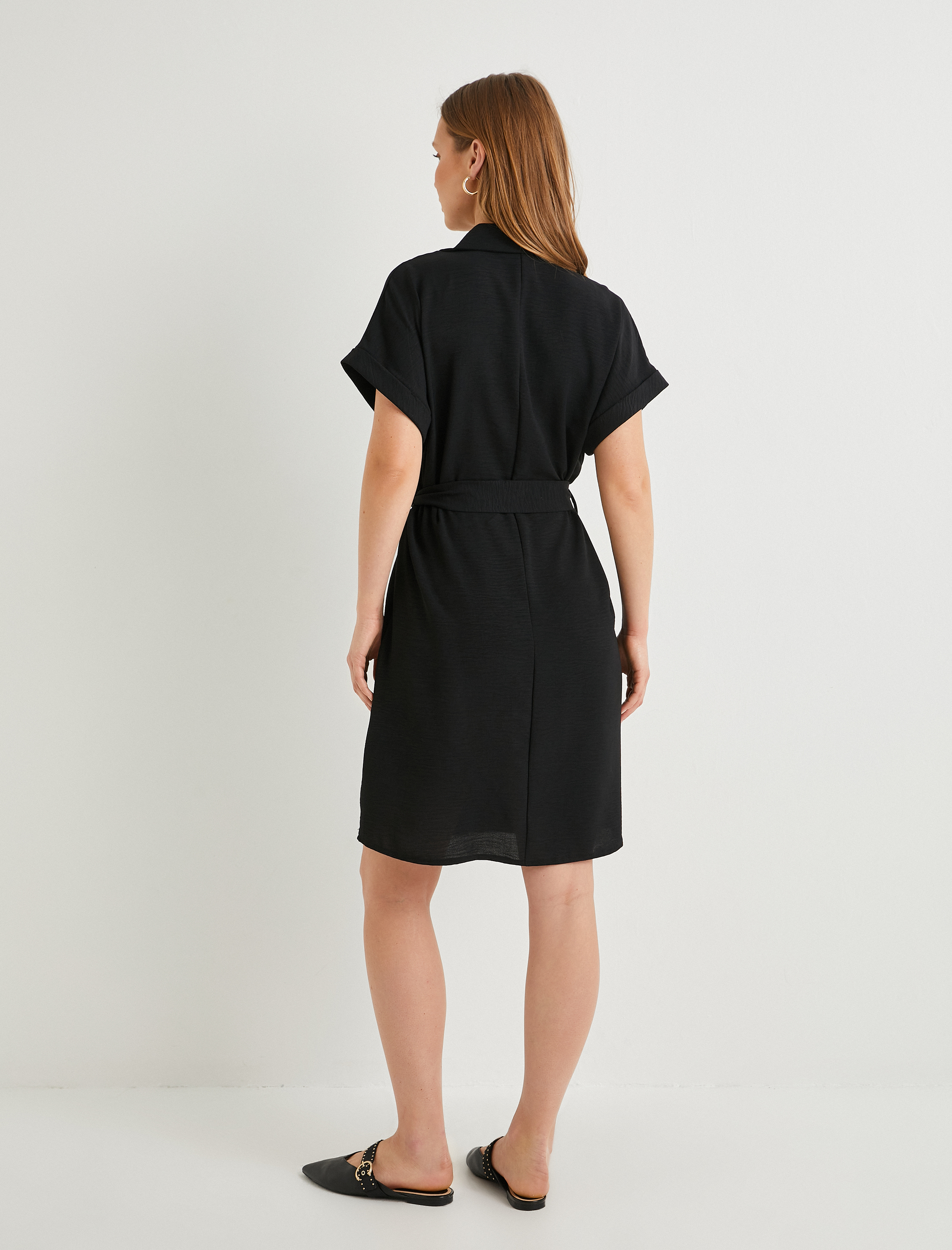   Gömlek Elbise Beli Kuşaklı Düğmeli Cepli