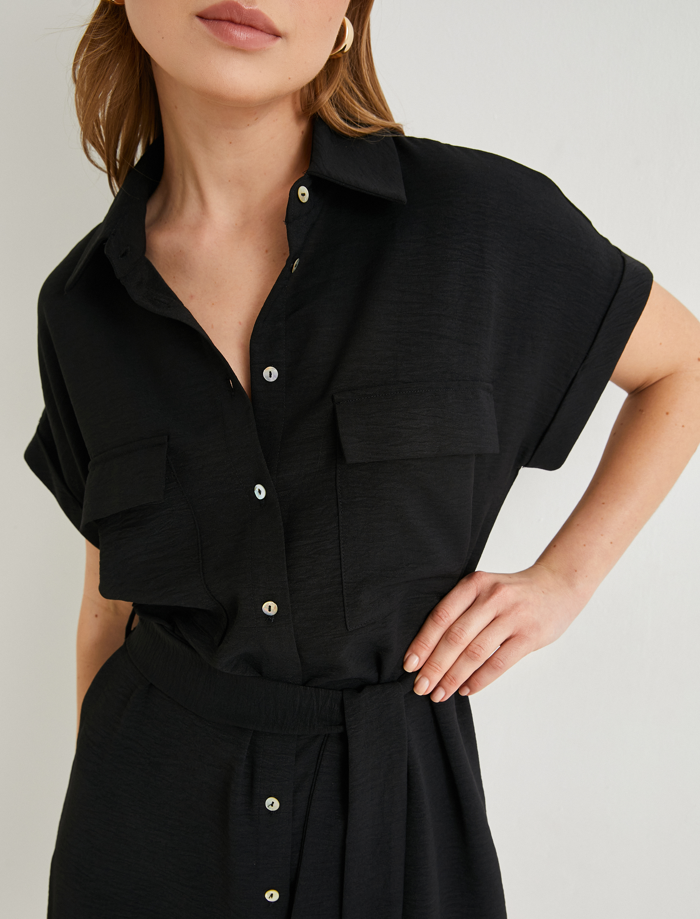   Gömlek Elbise Beli Kuşaklı Düğmeli Cepli