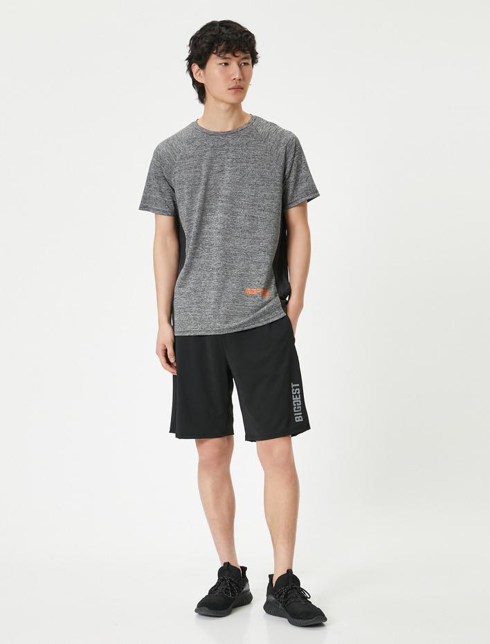  Spor Şort Slogan Baskılı Beli Bağcıklı Cepli