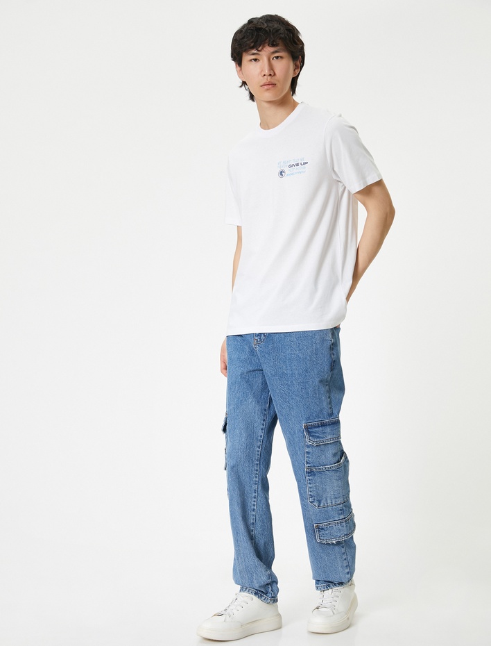  Slogan Baskılı Tişört Bisiklet Yaka Kısa Kollu Pamuklu