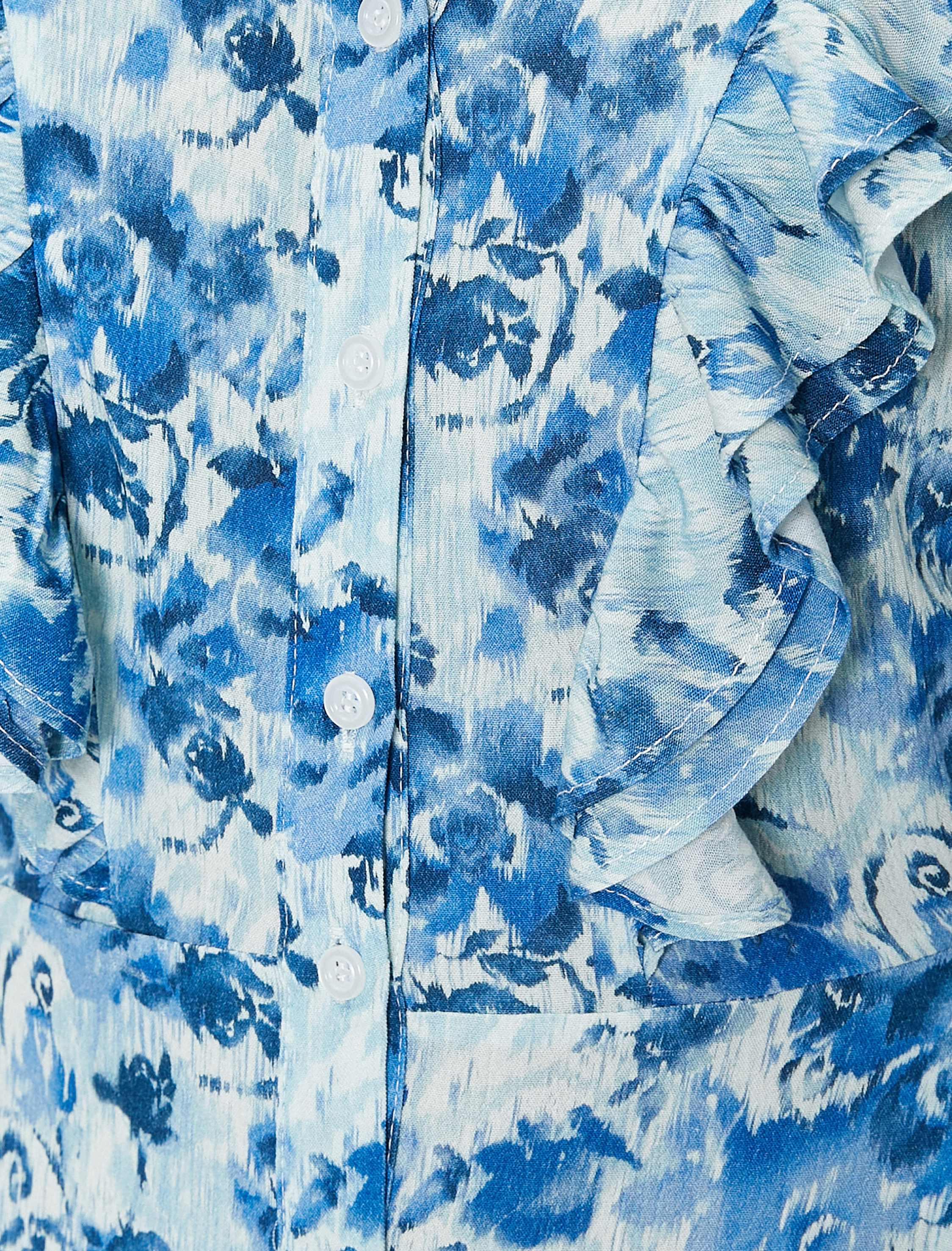   Maksi Çiçekli Elbise Kısa Balon Kol Düğmeli V Yaka