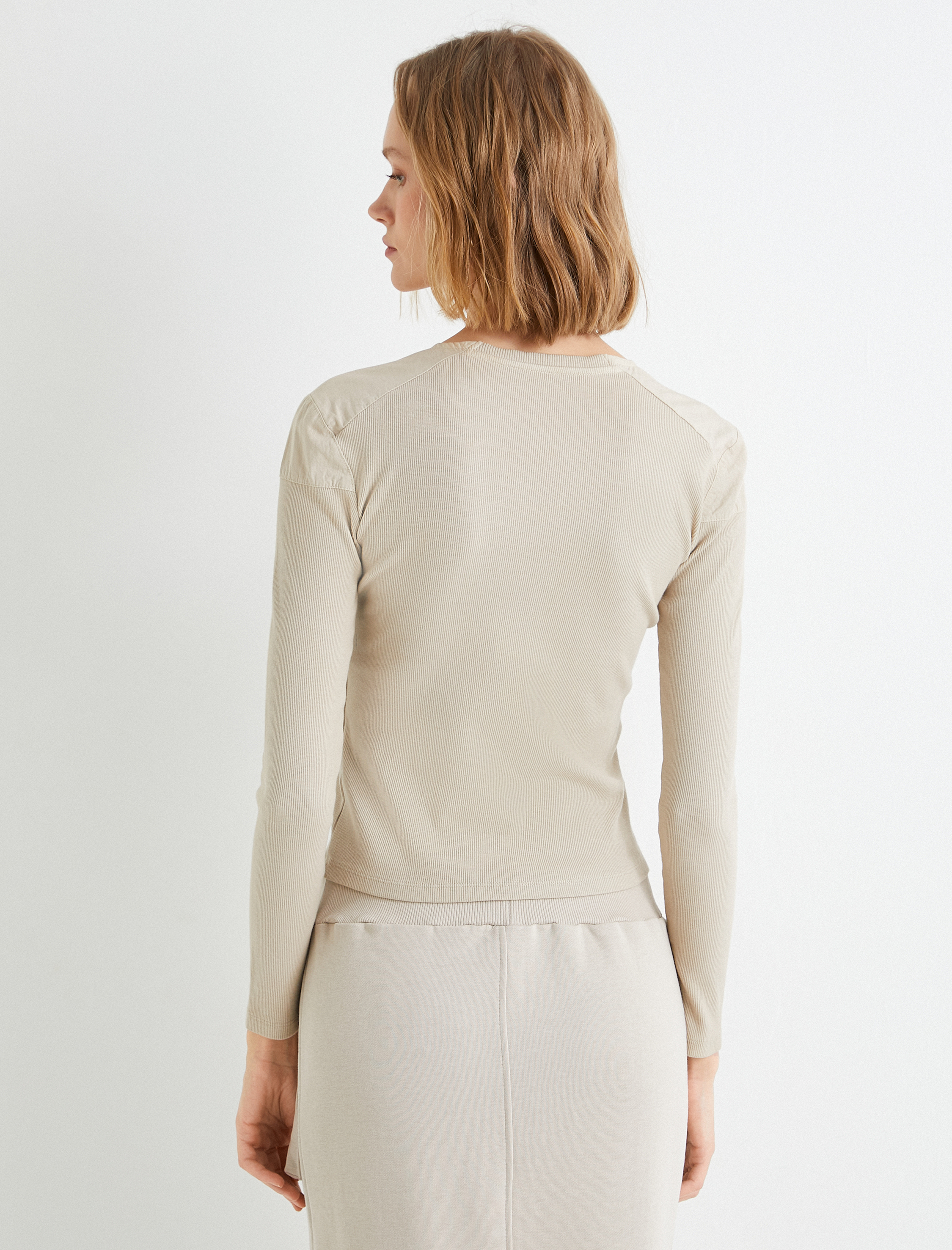   Uzun Kollu Tişört Omuz Detaylı Bisiklet Yaka