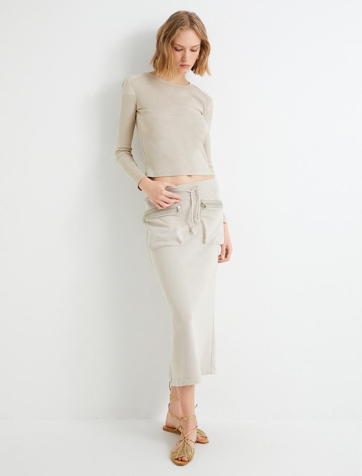  Uzun Kollu Tişört Omuz Detaylı Bisiklet Yaka