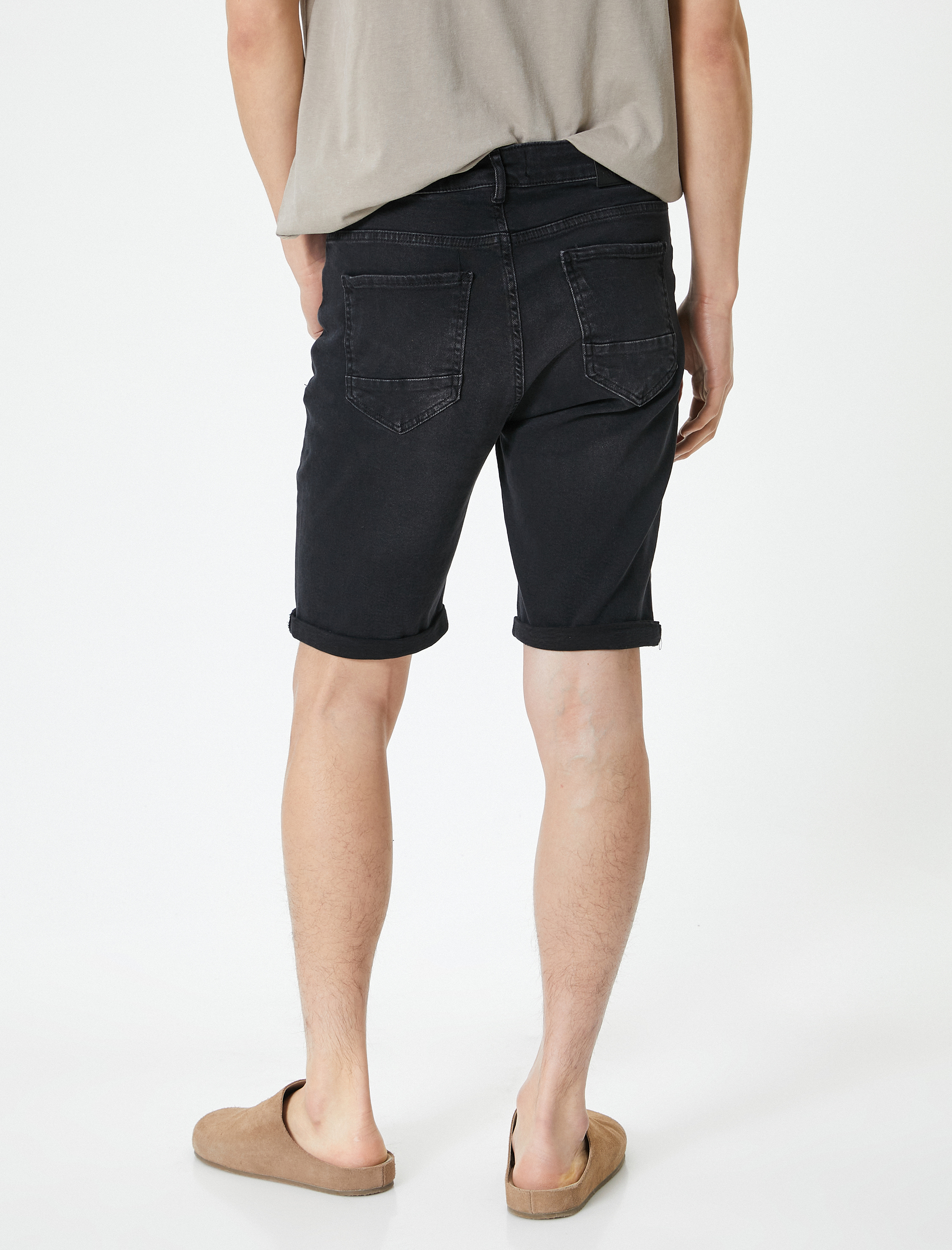   Bermuda Kot Şort Düğmeli Katlı Paça Cepli