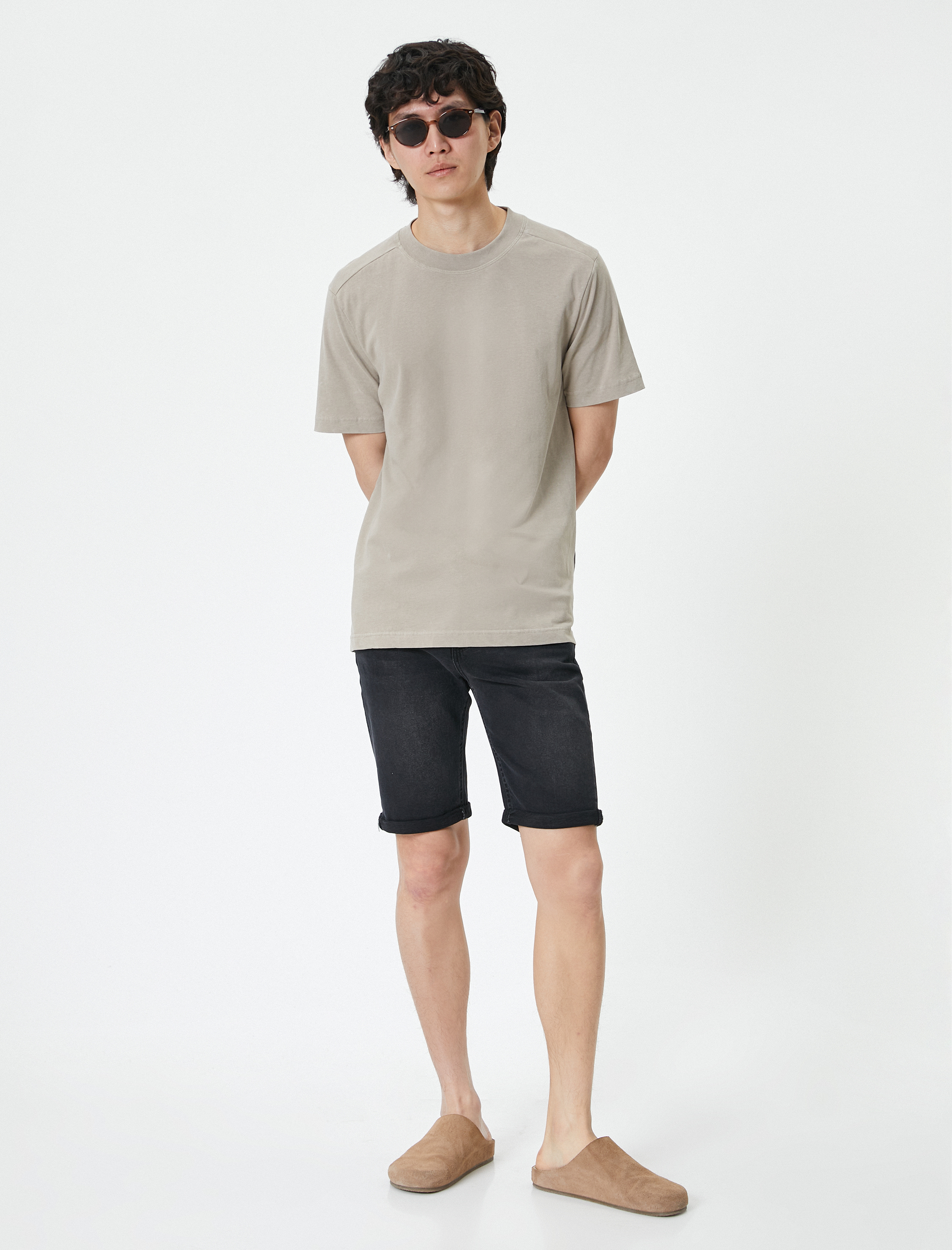   Bermuda Kot Şort Düğmeli Katlı Paça Cepli