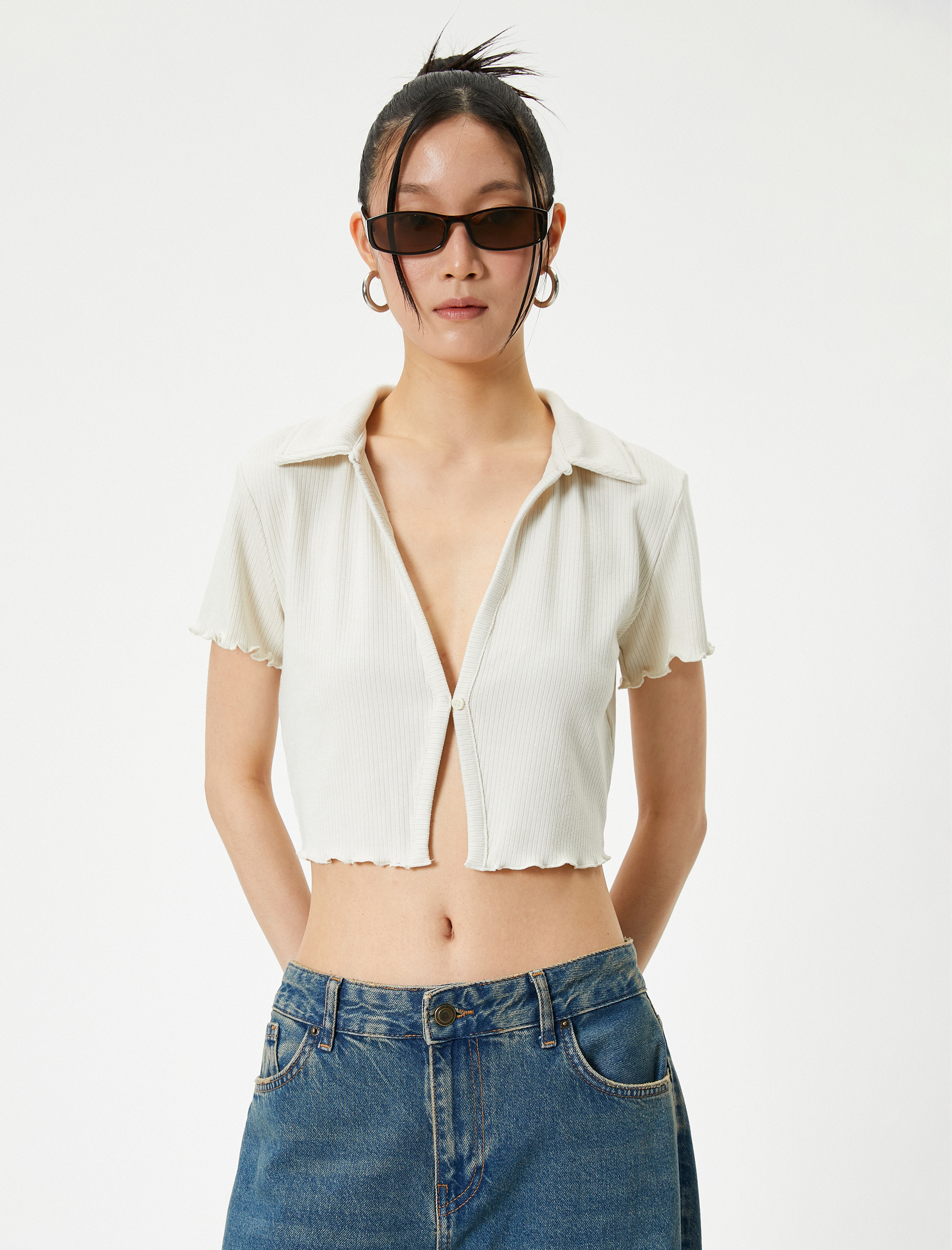   Crop Polo Tişört Kısa Kollu Slim Fit