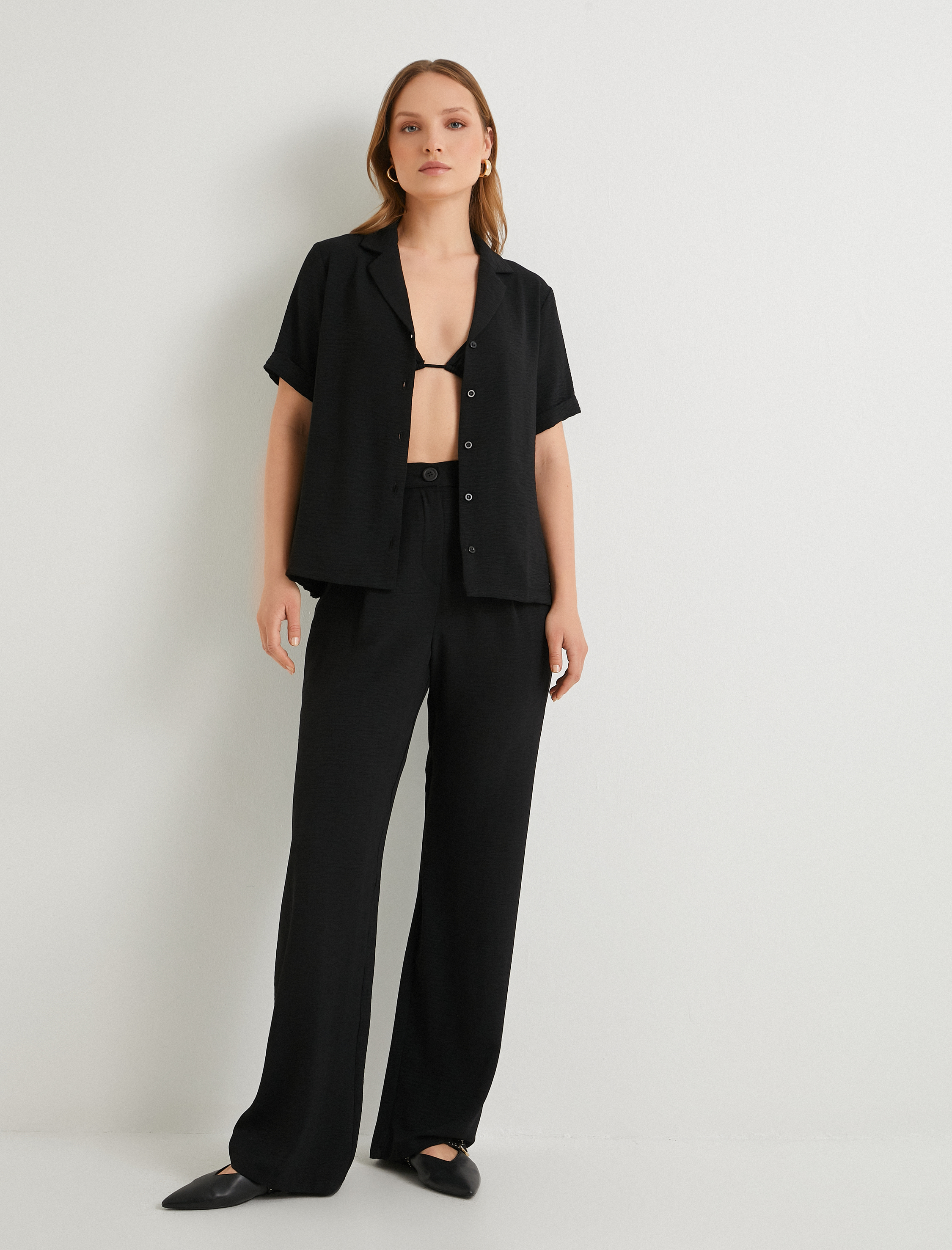   Kısa Kollu Gömlek Düğmeli Dokulu Standart Kesim