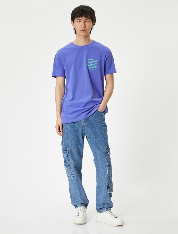  Slogan Baskılı Tişört Slim Fit Kısa Kollu Bisiklet Yaka