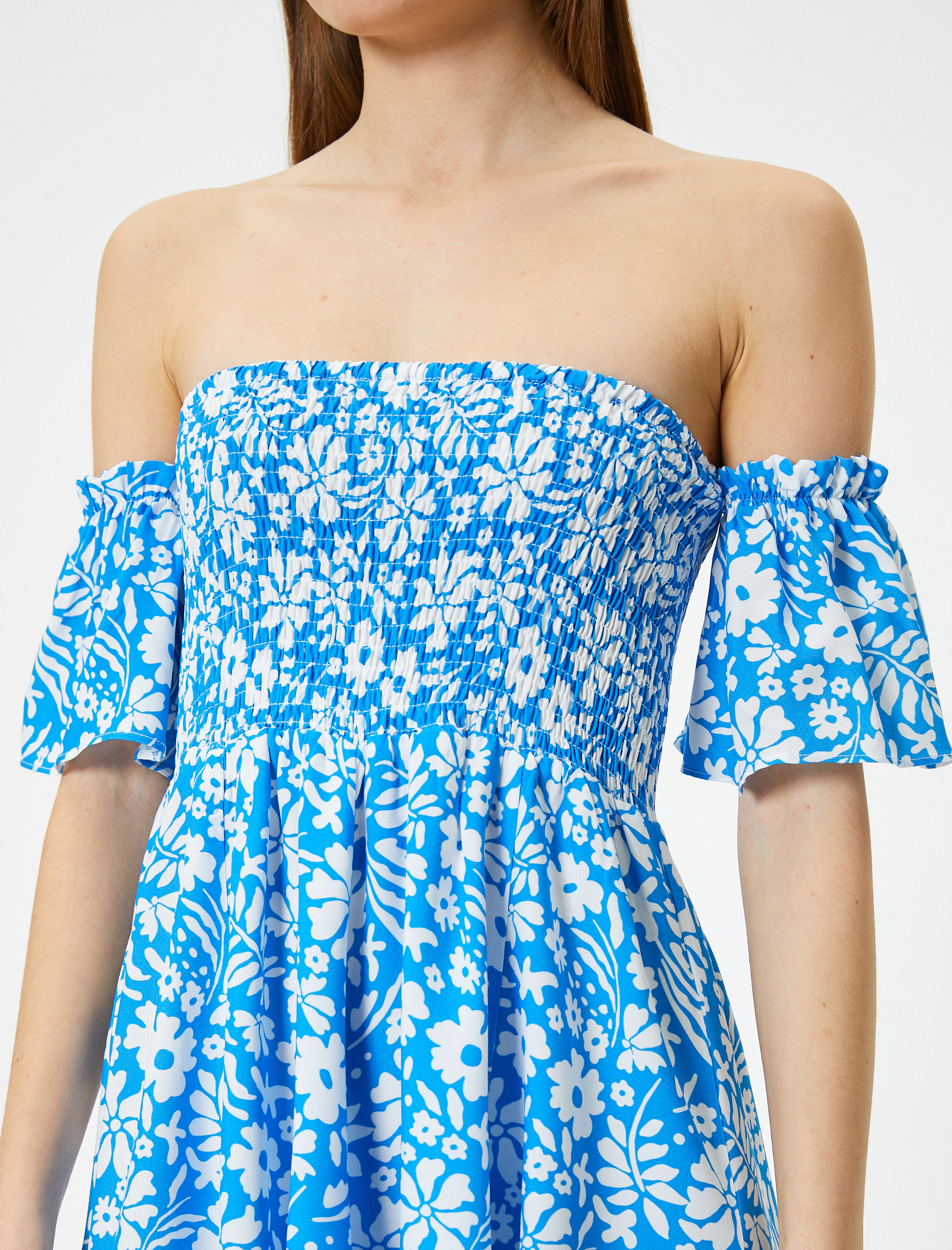   Mini Çiçekli Elbise Omzu Açık Gipeli Viskoz Kumaş