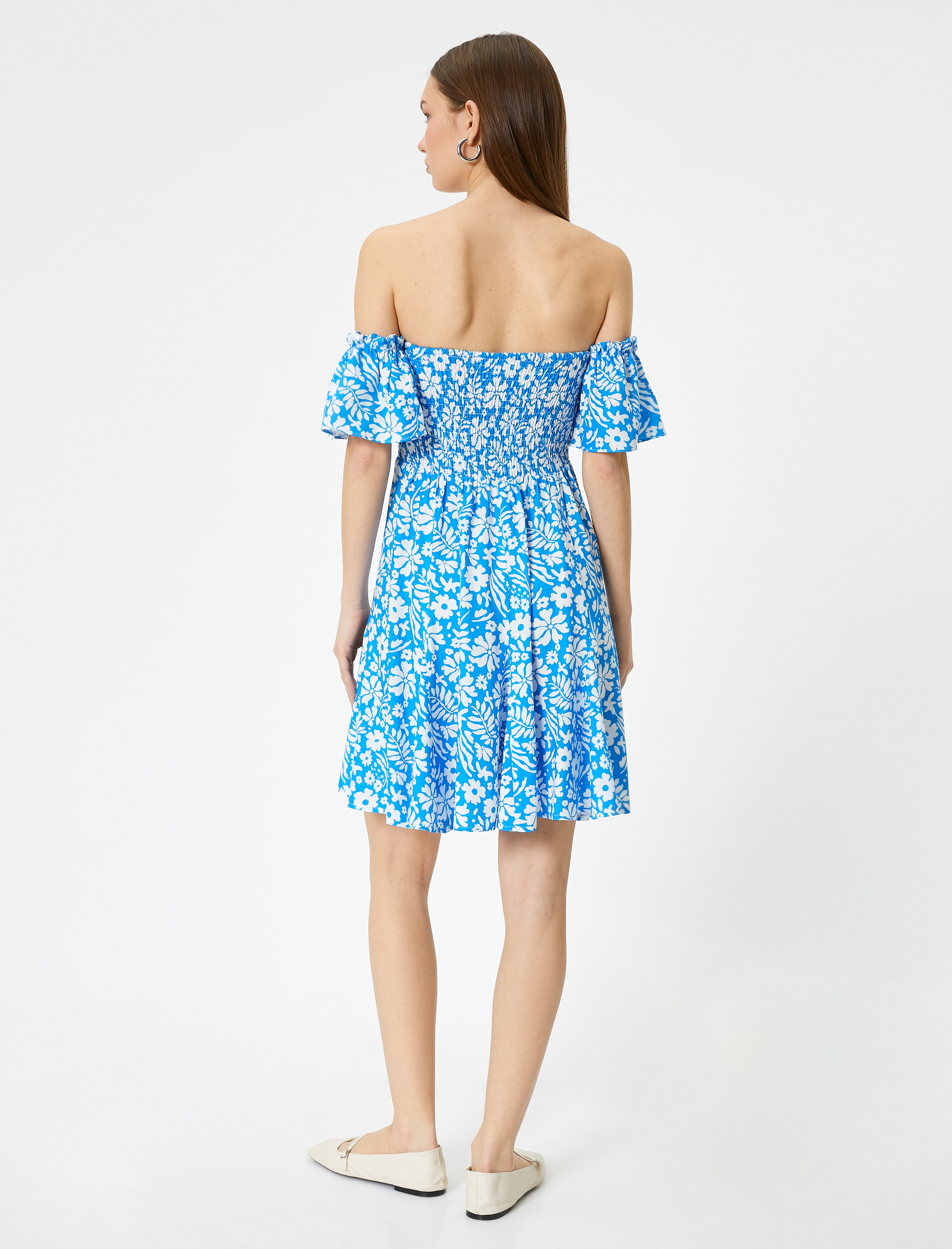   Mini Çiçekli Elbise Omzu Açık Gipeli Viskoz Kumaş