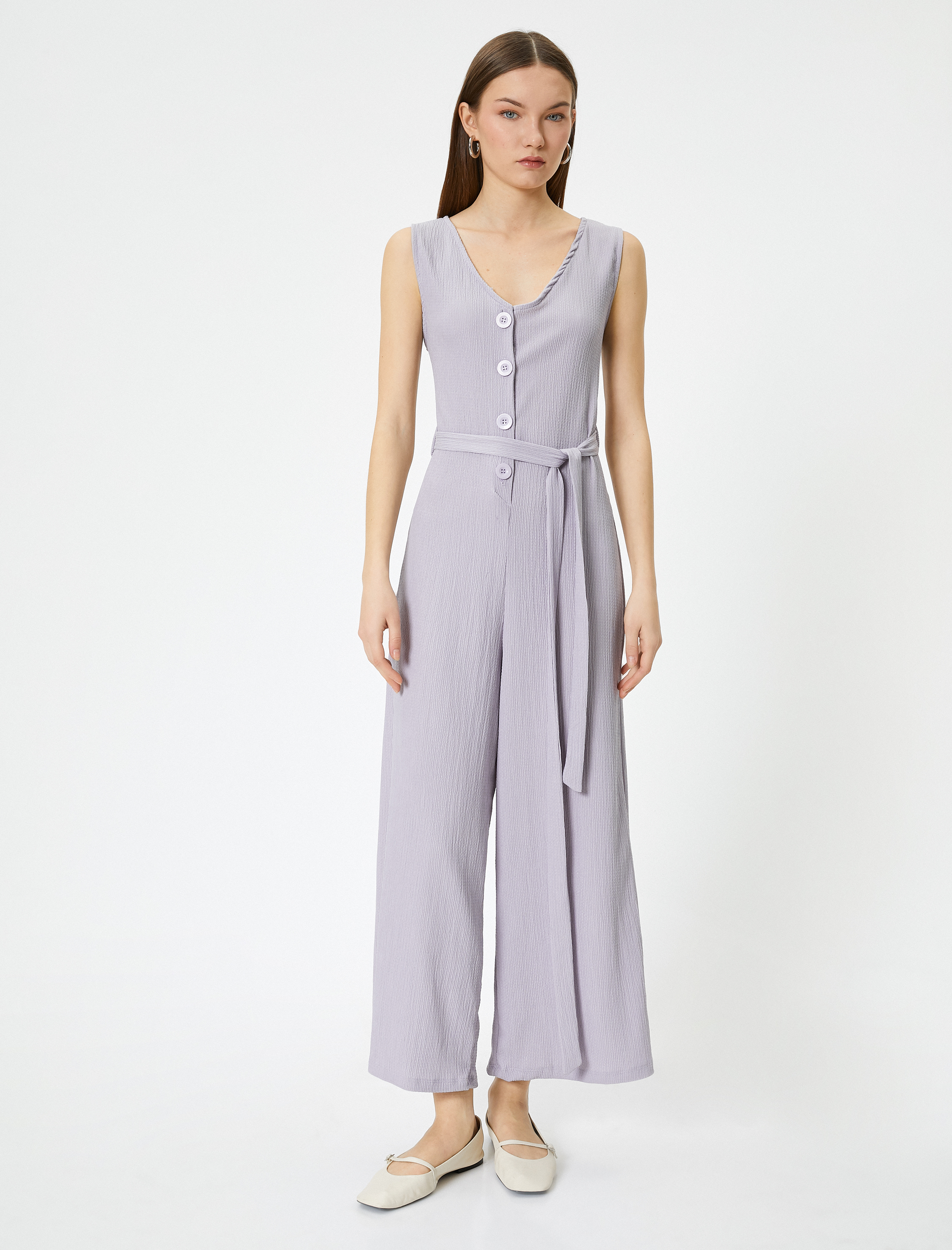   Tulum V Yaka Düğmeli Bol Paça Kolsuz Kemer Detaylı Bürümcük