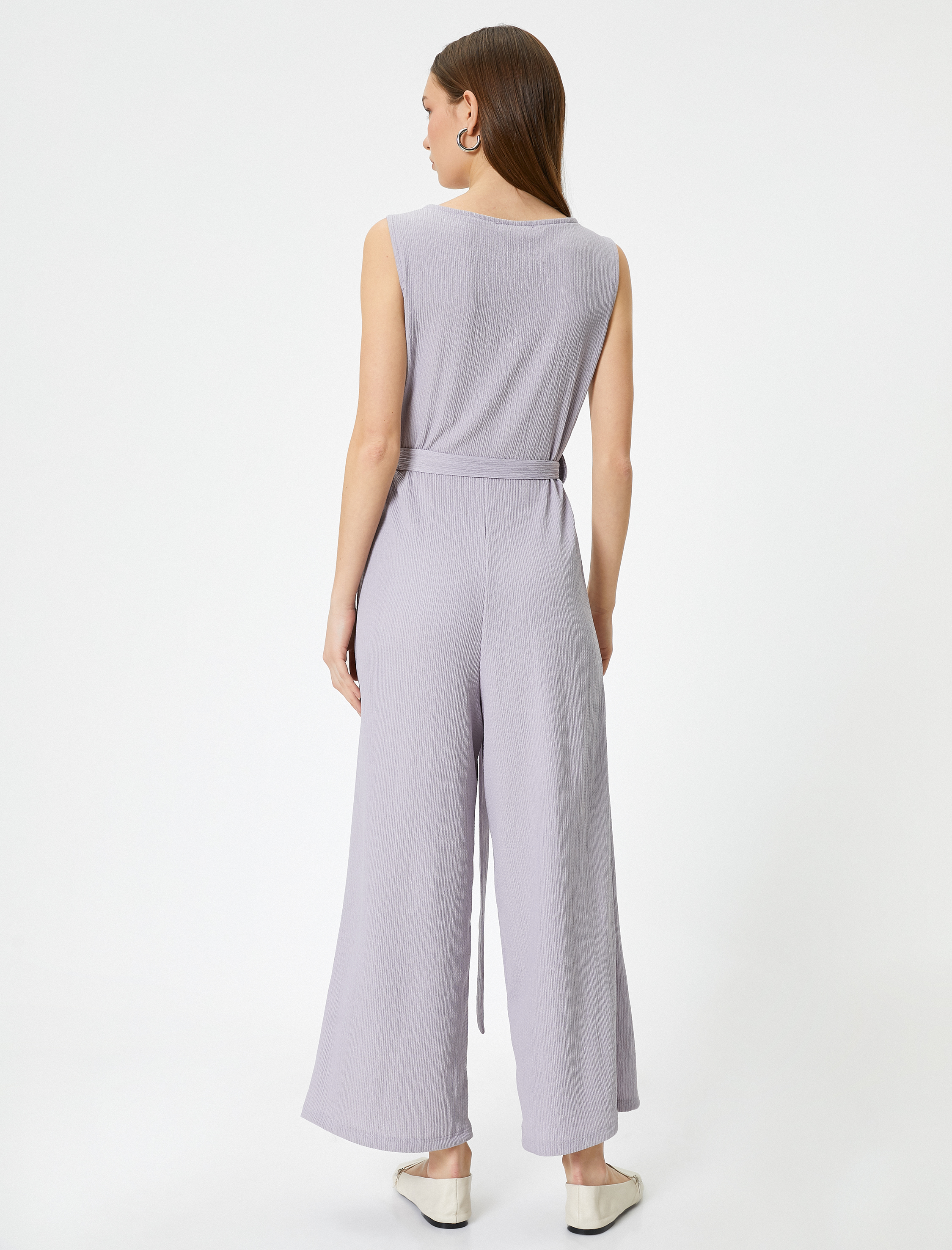   Tulum V Yaka Düğmeli Bol Paça Kolsuz Kemer Detaylı Bürümcük