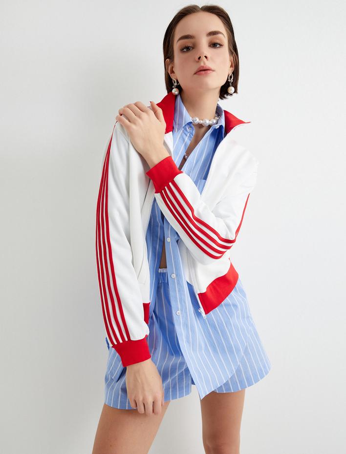  Fermuarlı Sweatshirt Dik Yaka Fermuarlı Cepli Şeritli