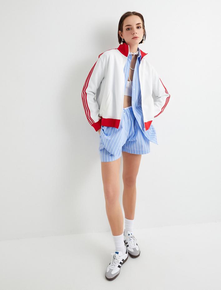  Fermuarlı Sweatshirt Dik Yaka Fermuarlı Cepli Şeritli