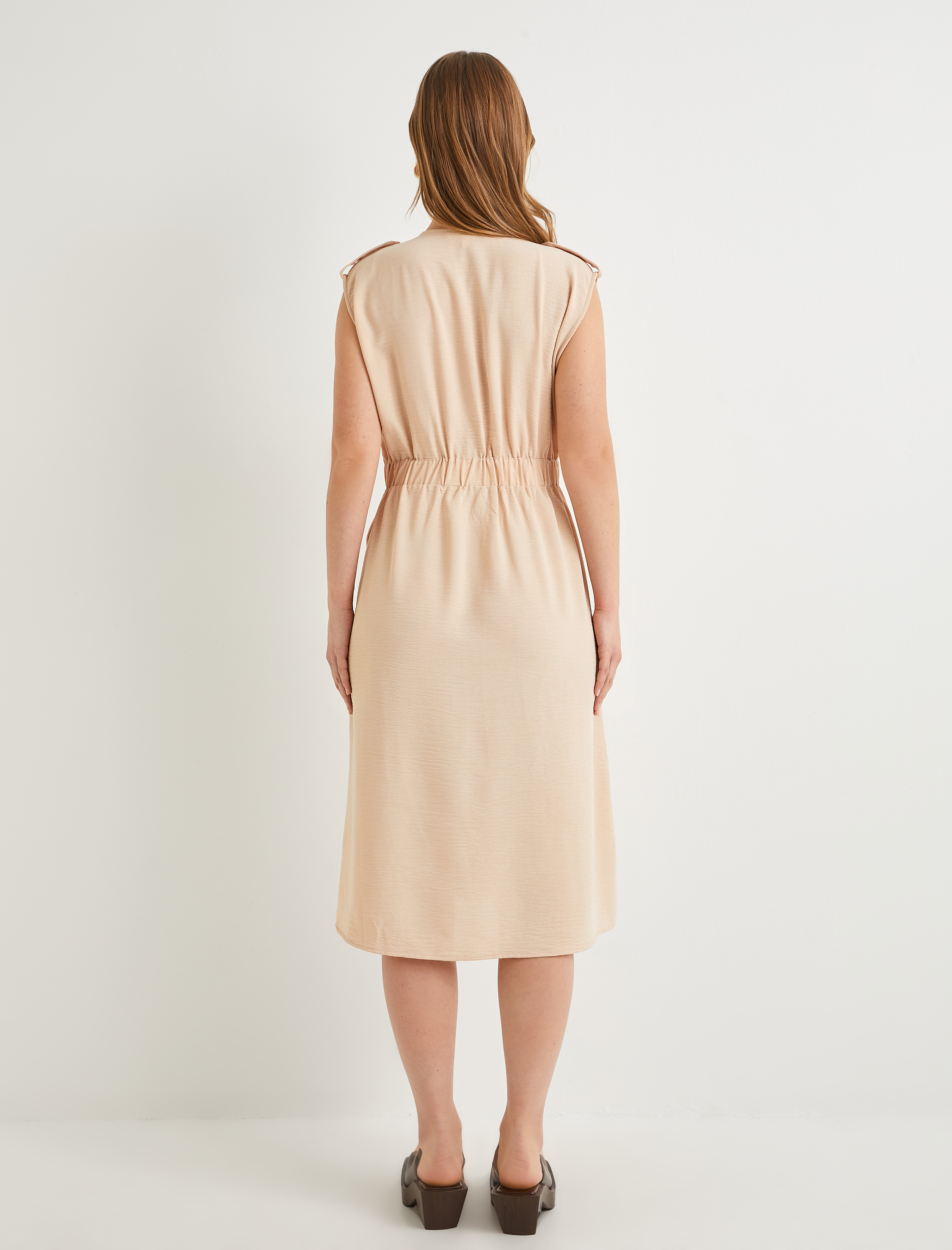   Midi Gömlek Elbise Beli Kuşaklı Düğmeli Cepli Apoletli