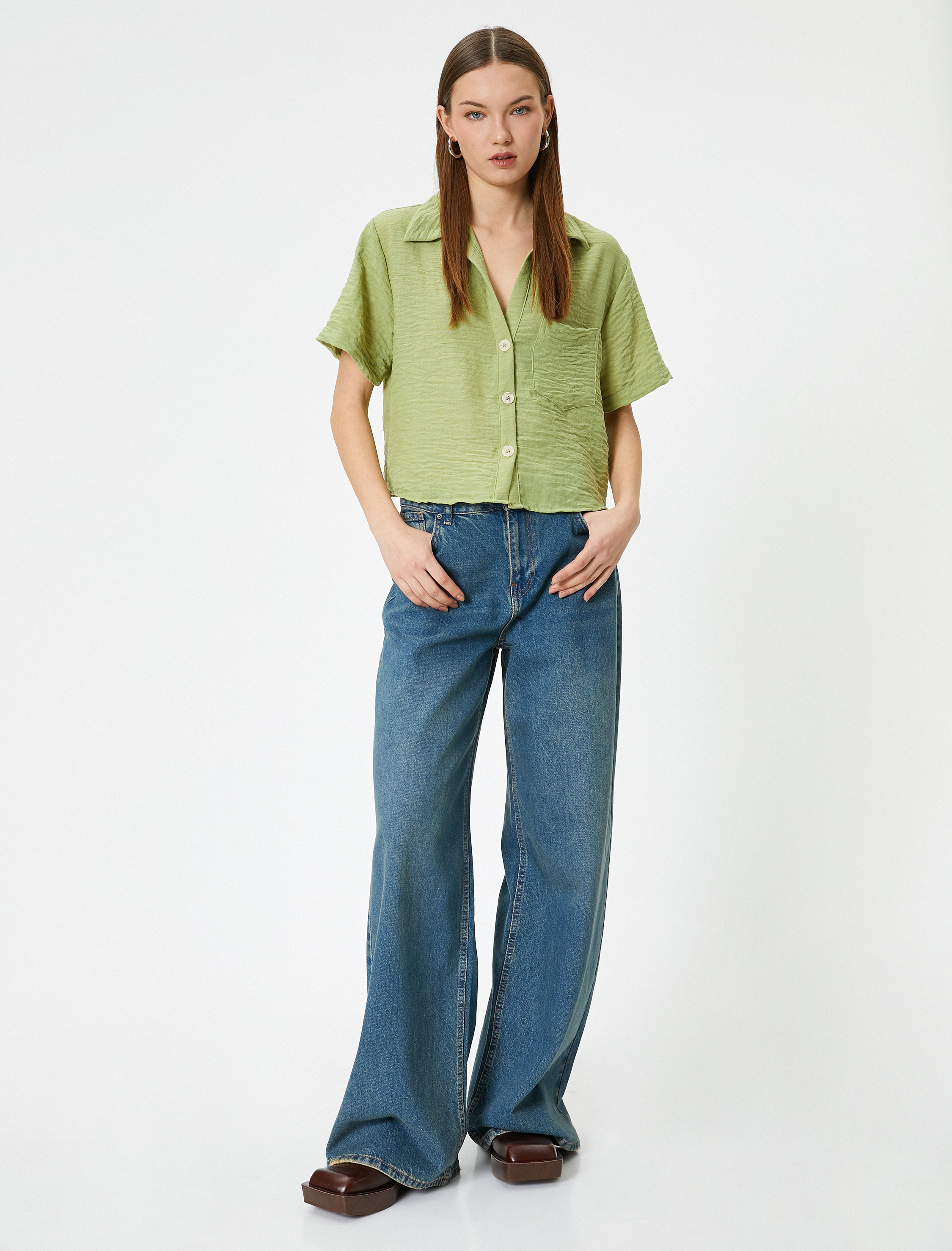   Crop Kısa Kollu Gömlek Rahat Kalıp