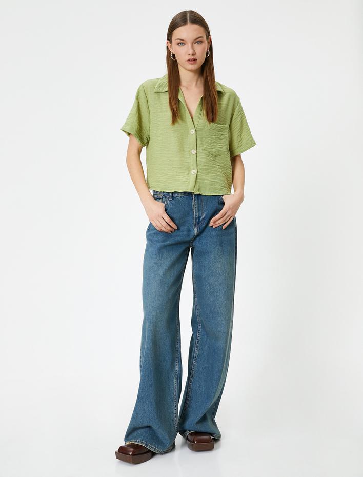  Crop Kısa Kollu Gömlek Rahat Kalıp