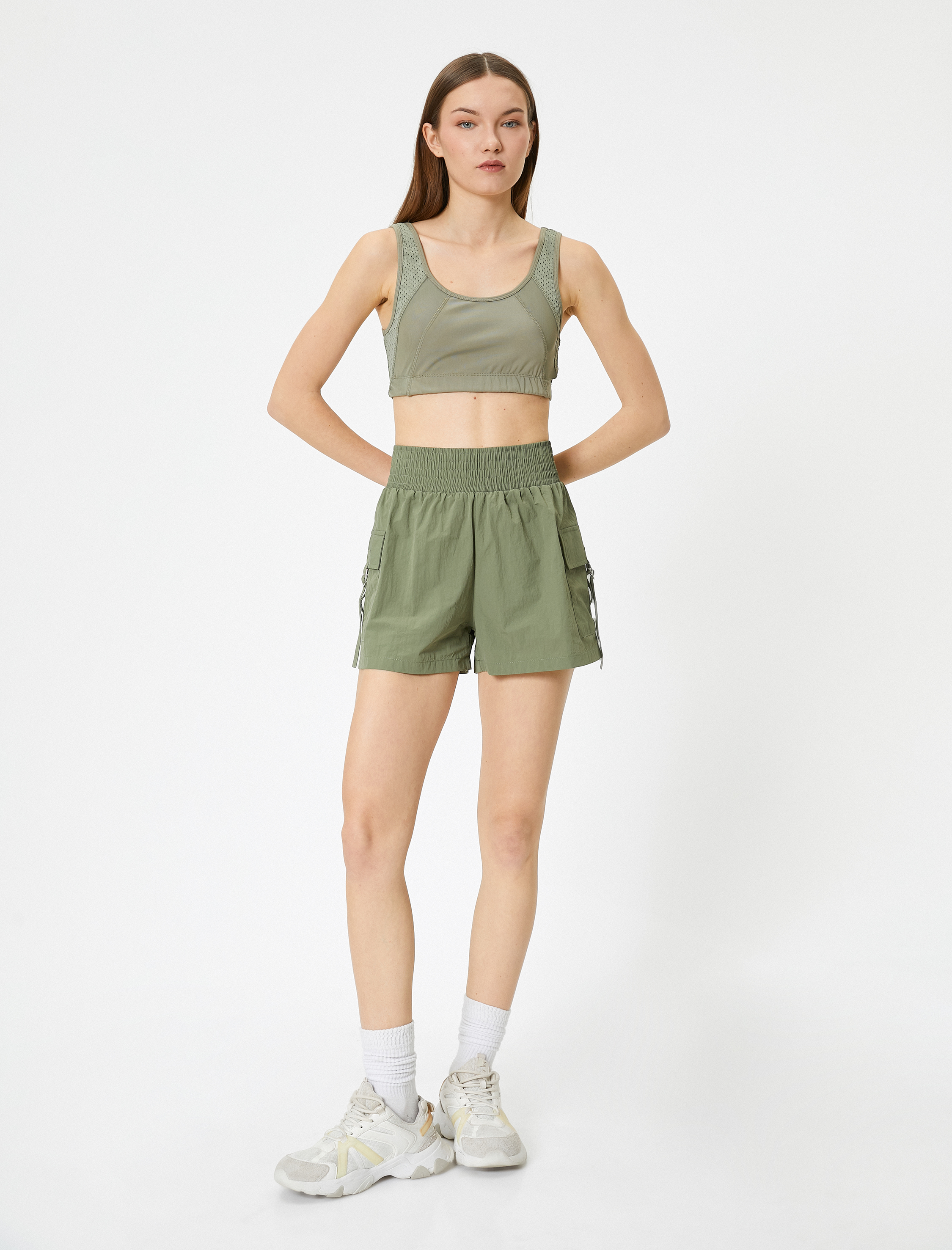   Spor Kargo Şort Yüksek Bel Paraşüt Kumaş Cepli