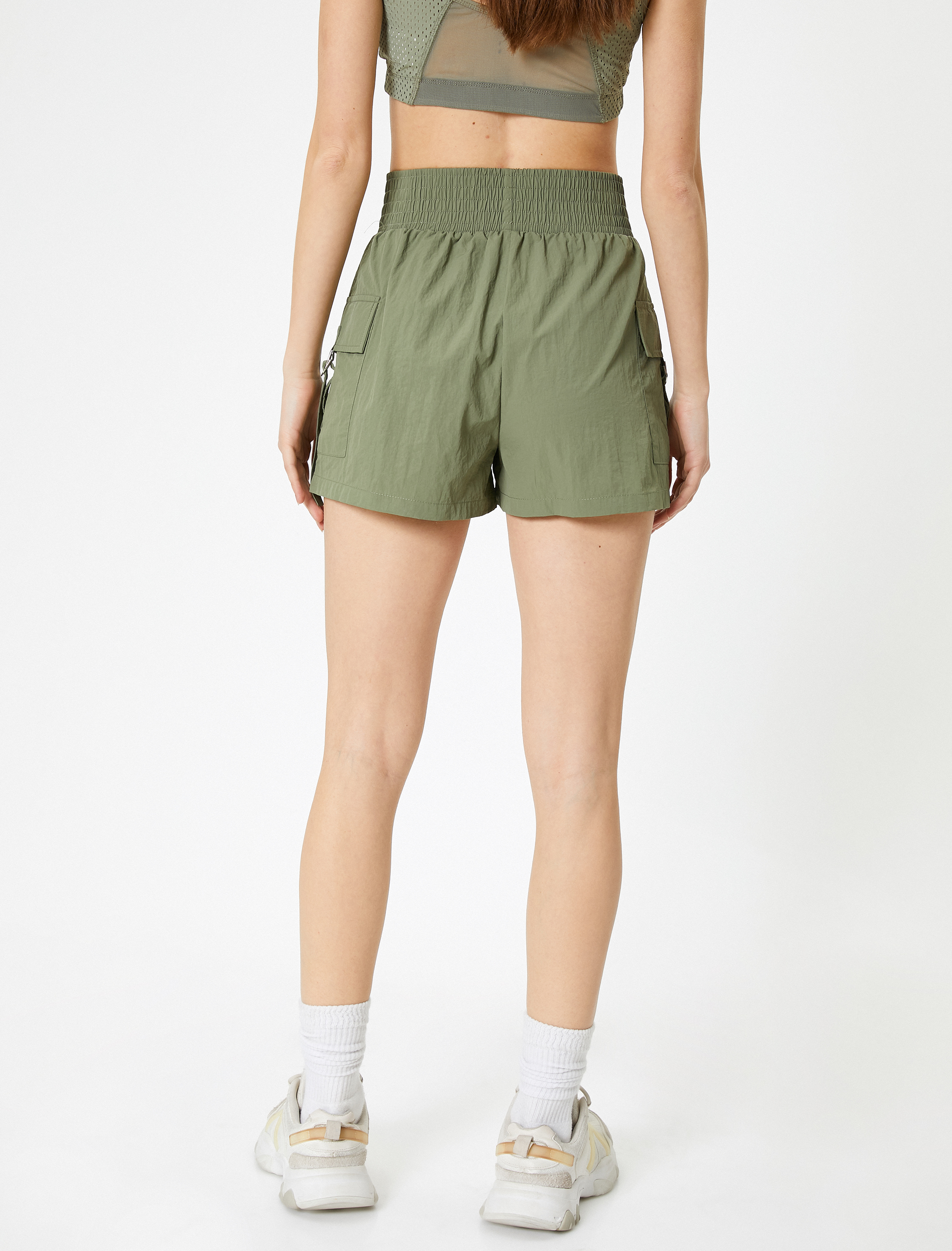   Spor Kargo Şort Yüksek Bel Paraşüt Kumaş Cepli