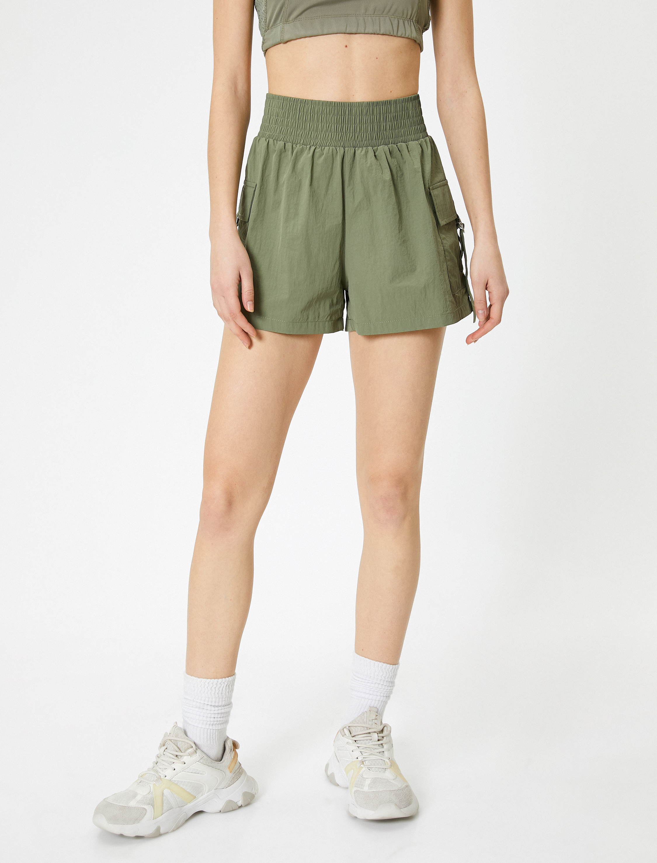   Spor Kargo Şort Yüksek Bel Paraşüt Kumaş Cepli