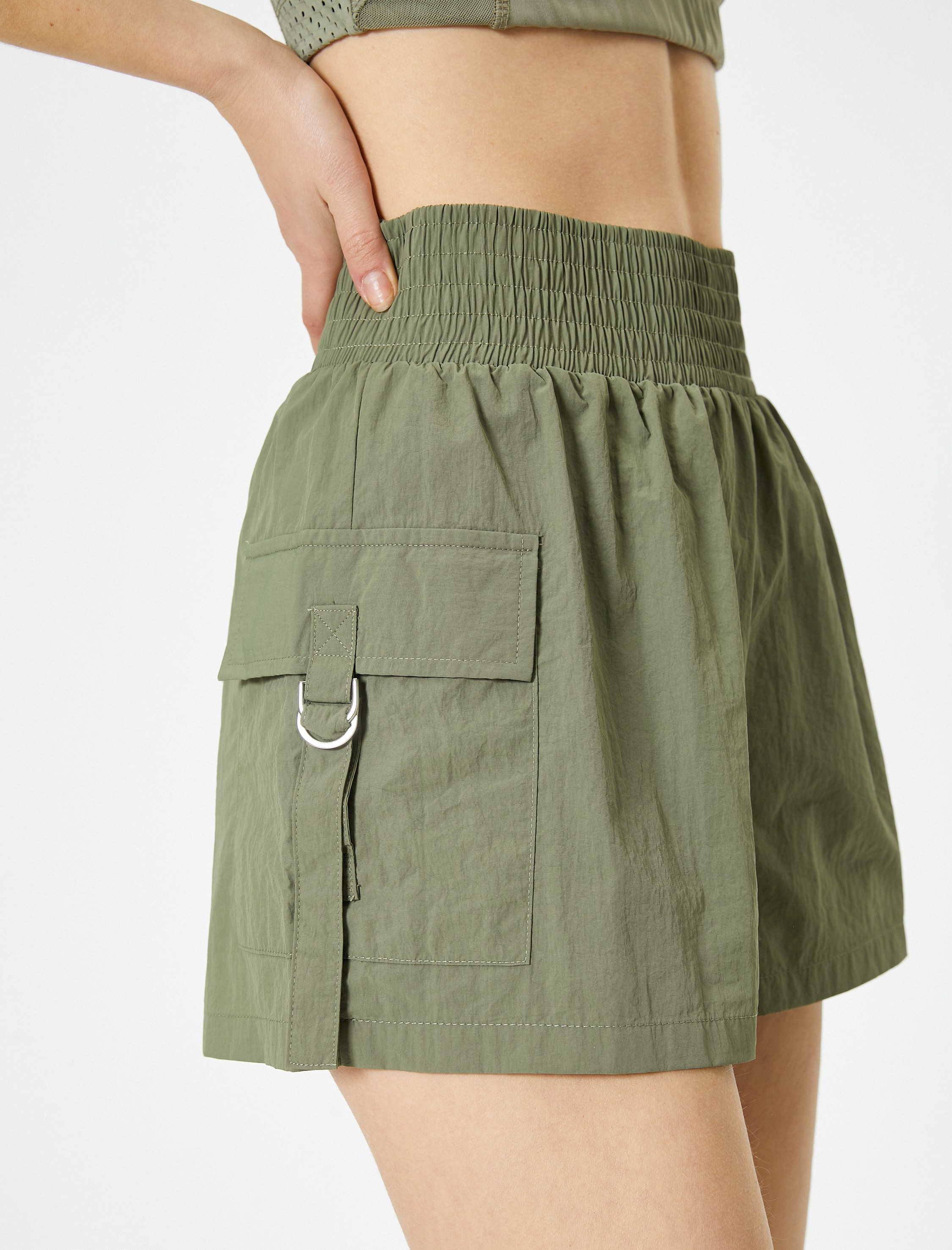   Spor Kargo Şort Yüksek Bel Paraşüt Kumaş Cepli