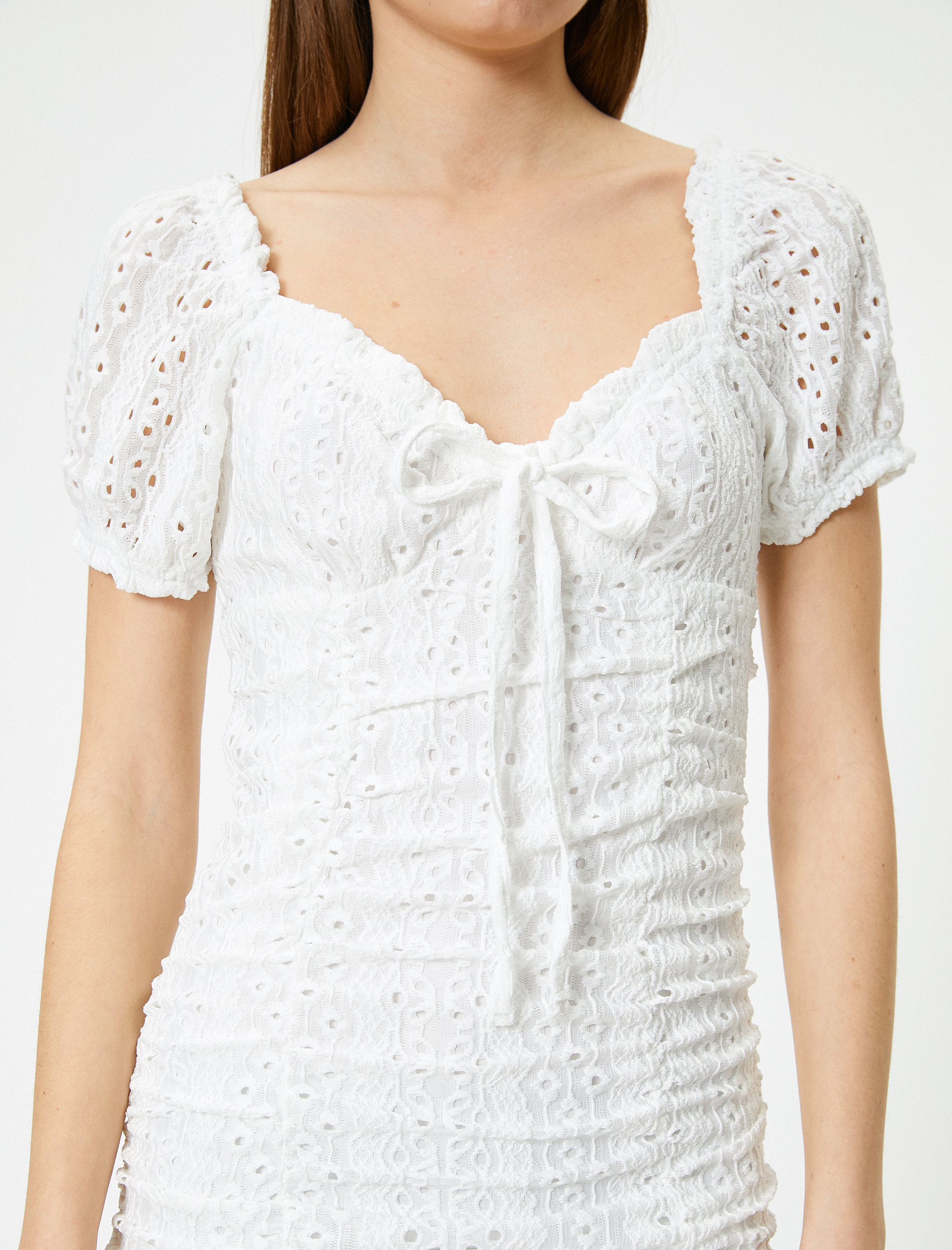   Mini Fisto Elbise Astarlı Kalp Yaka Drapeli Fiyonk Detaylı