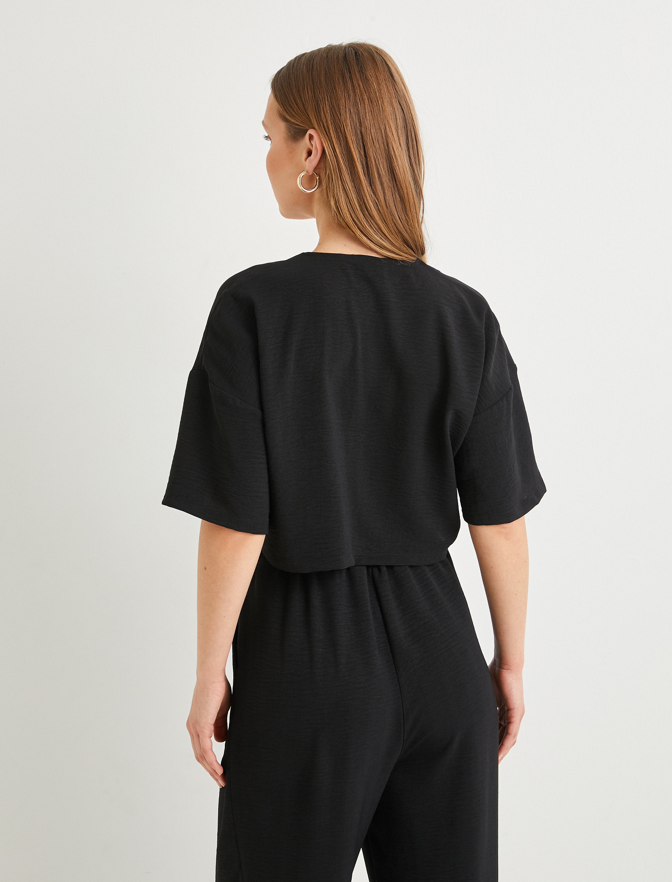 Crop Gömlek Kısa Kollu Düğmeli V Yaka