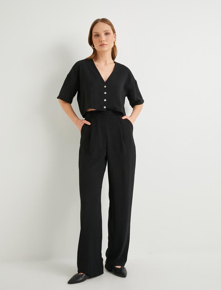  Crop Gömlek Kısa Kollu Düğmeli V Yaka