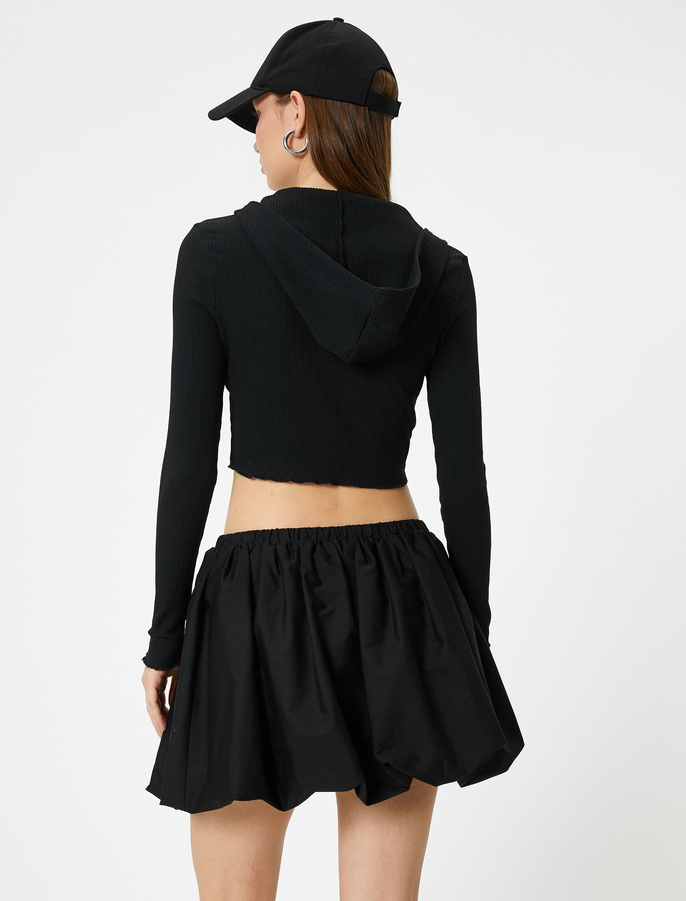   Crop Kapüşonlu Fermuarlı Hırka Uzun Kollu Slim Fit