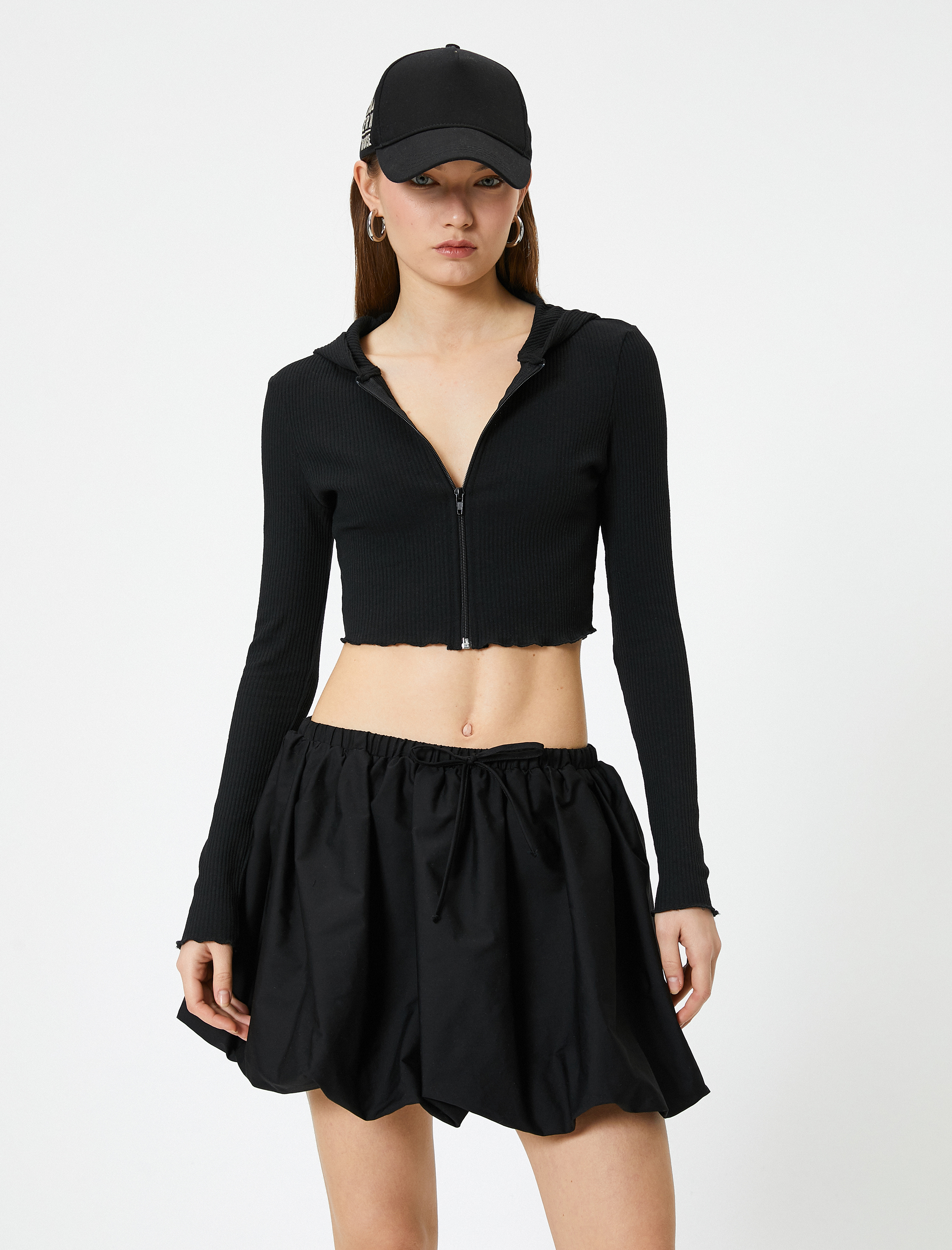   Crop Kapüşonlu Fermuarlı Hırka Uzun Kollu Slim Fit