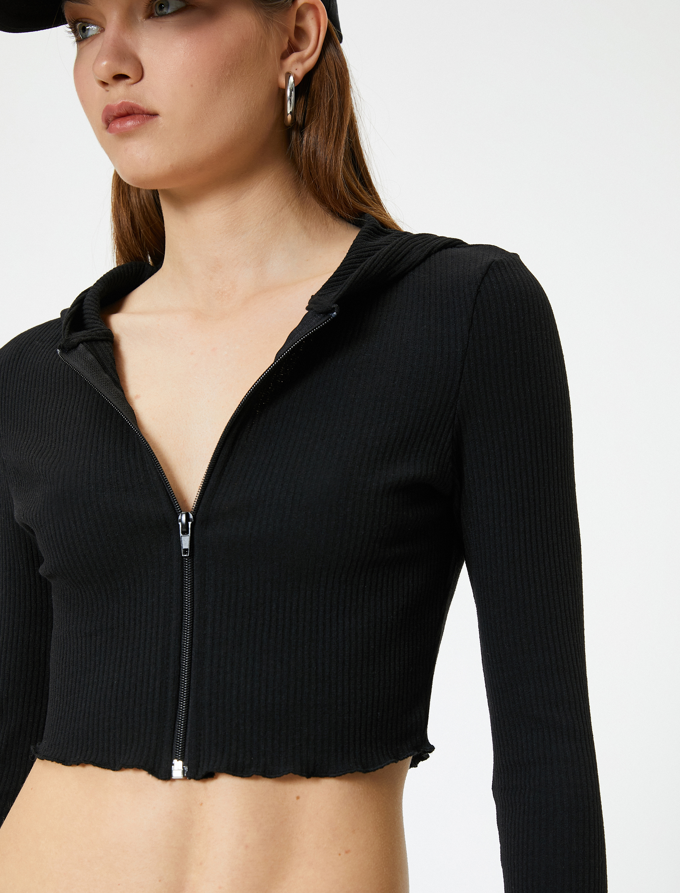   Crop Kapüşonlu Fermuarlı Hırka Uzun Kollu Slim Fit