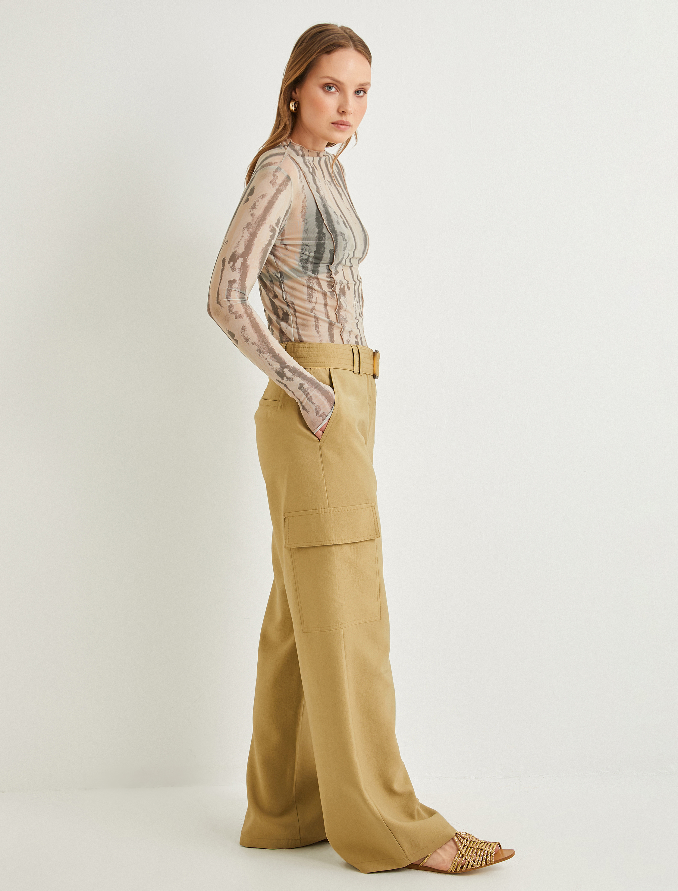   Kargo Pantolon Düz Paça Cepli Kemer Detaylı Normal Bel