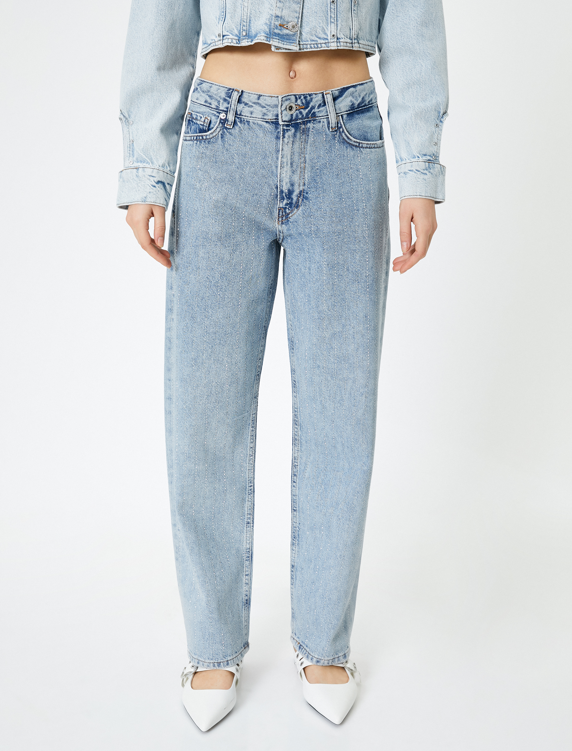   Taşlı Kot Pantolon Düz Paça Cepli - Eve Straight Jeans