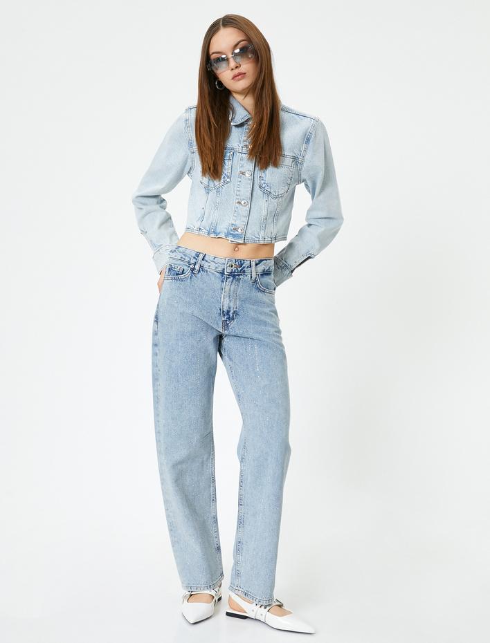  Taşlı Kot Pantolon Düz Paça Cepli - Eve Straight Jeans
