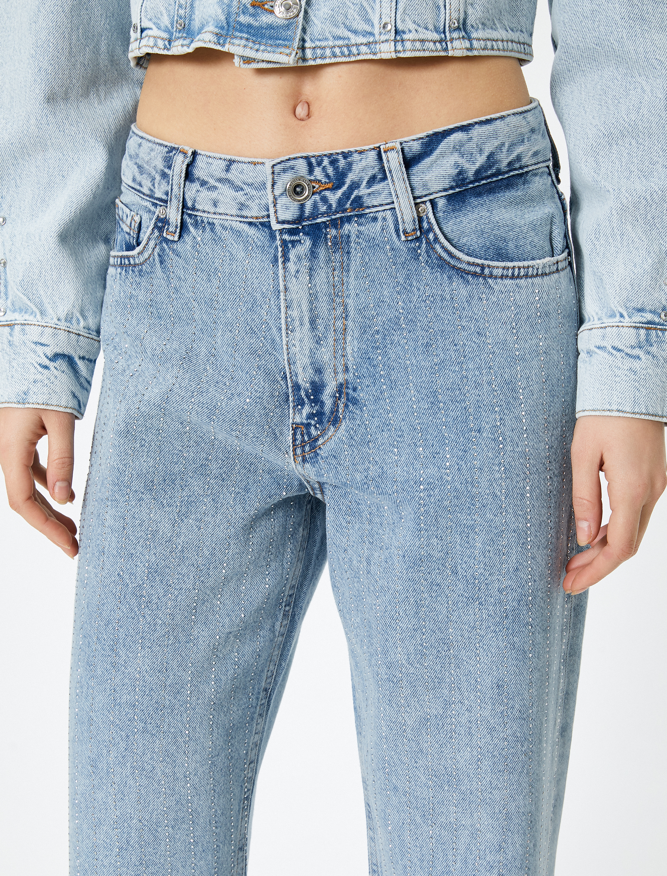   Taşlı Kot Pantolon Düz Paça Cepli - Eve Straight Jeans