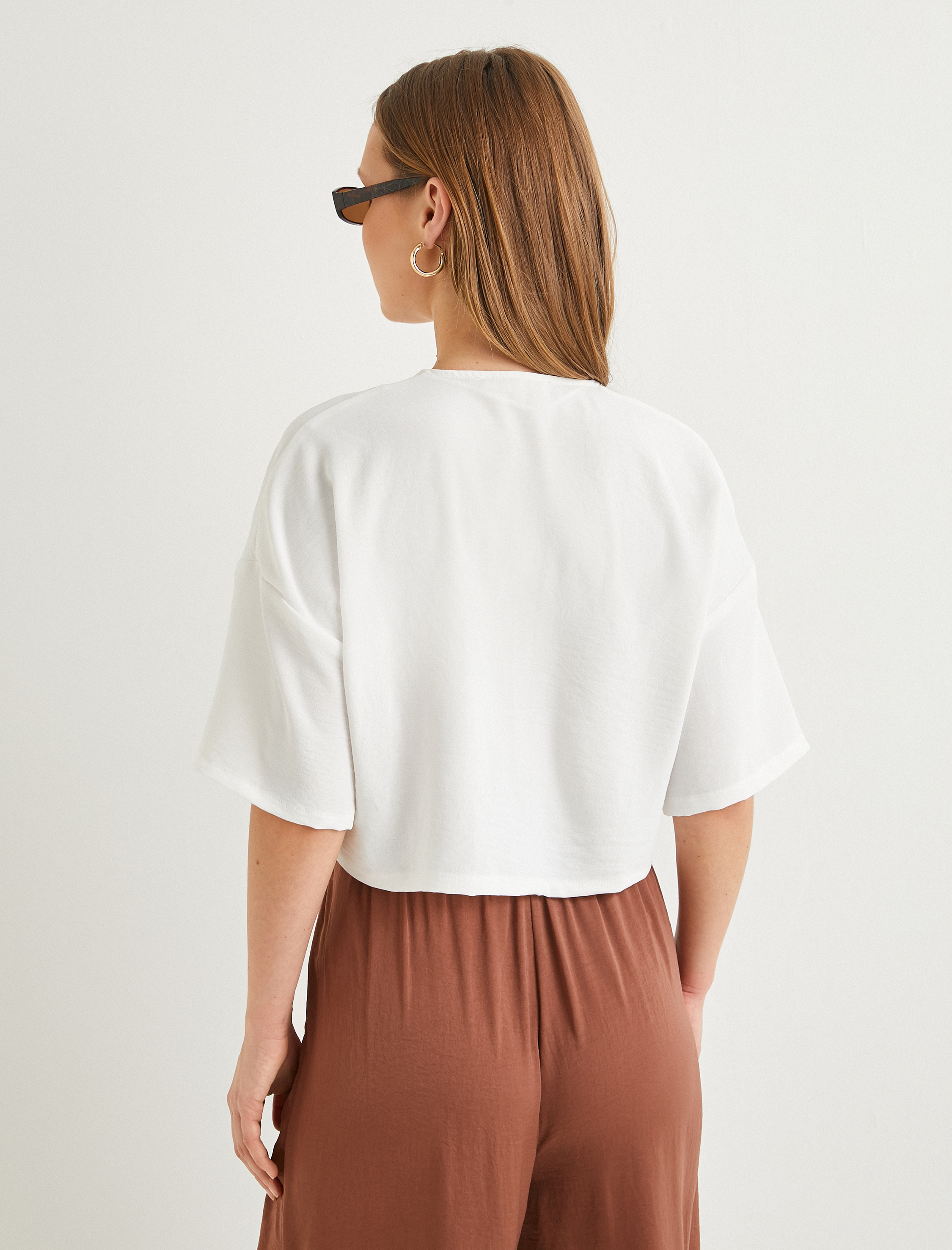   Crop Gömlek Kısa Kollu Düğmeli V Yaka