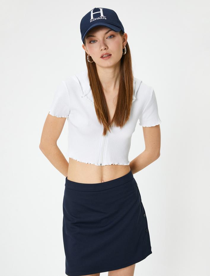  Fermuarlı Crop Tişört Uzun Kollu Slim Fit