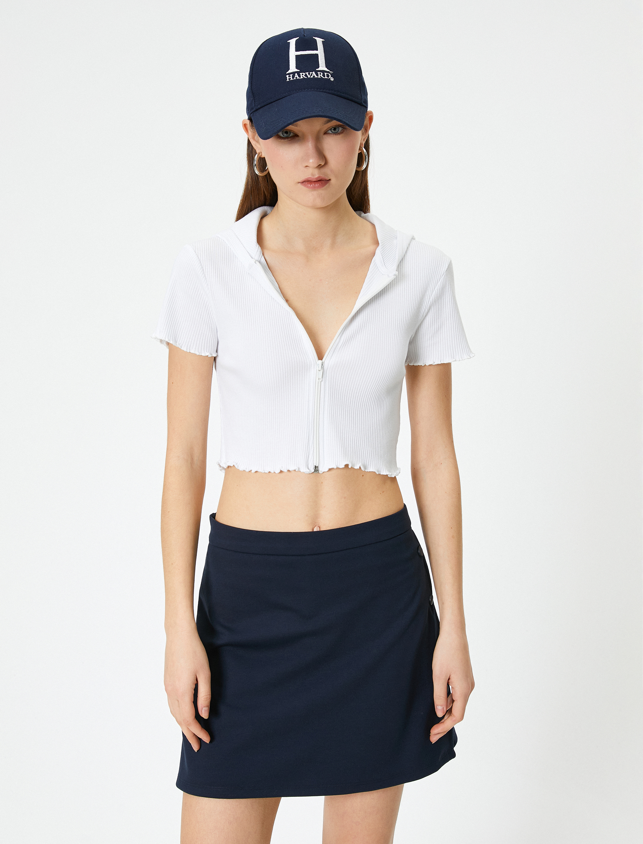 Fermuarlı Crop Tişört Uzun Kollu Slim Fit