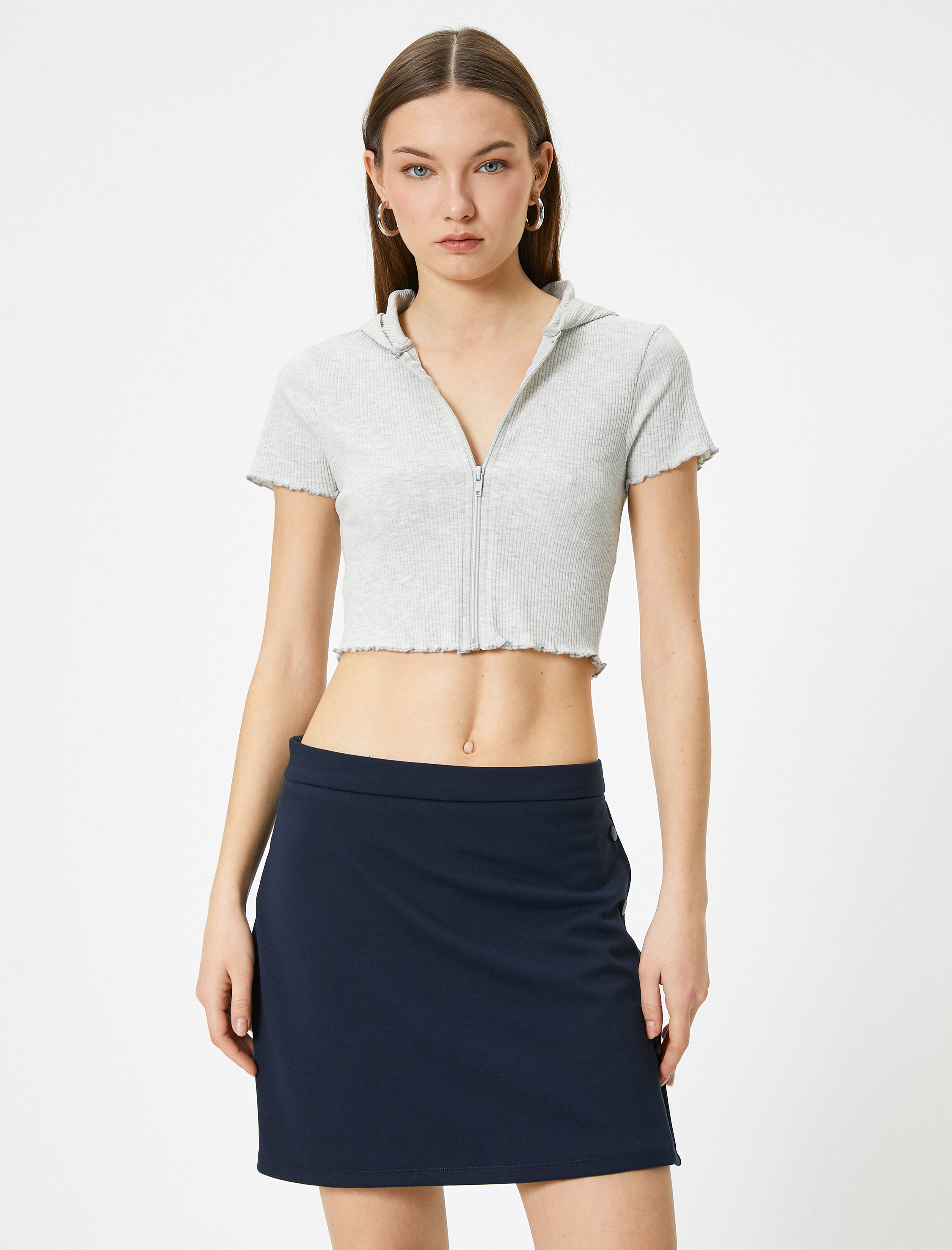 Fermuarlı Crop Tişört Uzun Kollu Slim Fit