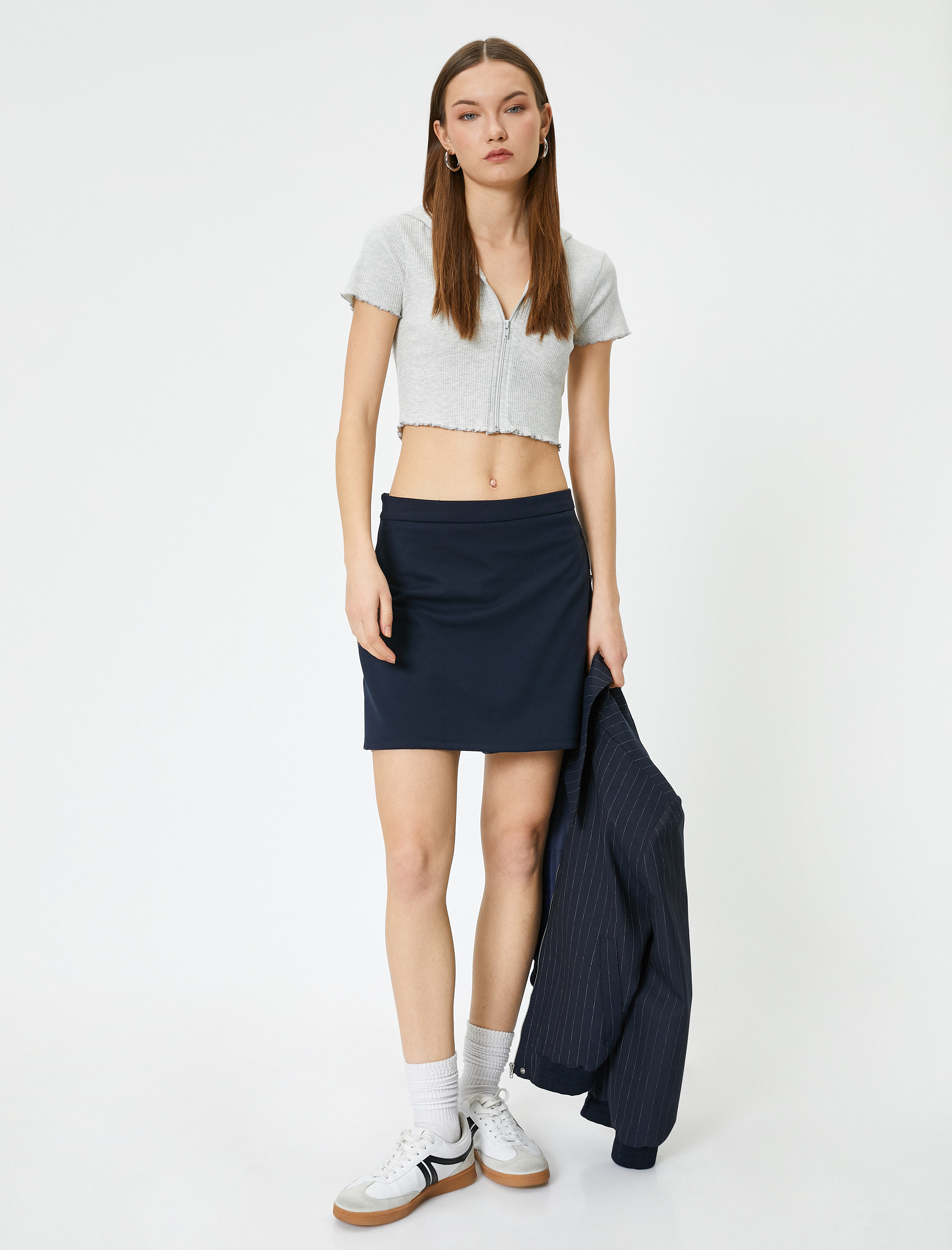 Fermuarlı Crop Tişört Uzun Kollu Slim Fit