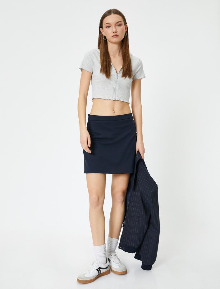  Fermuarlı Crop Tişört Uzun Kollu Slim Fit