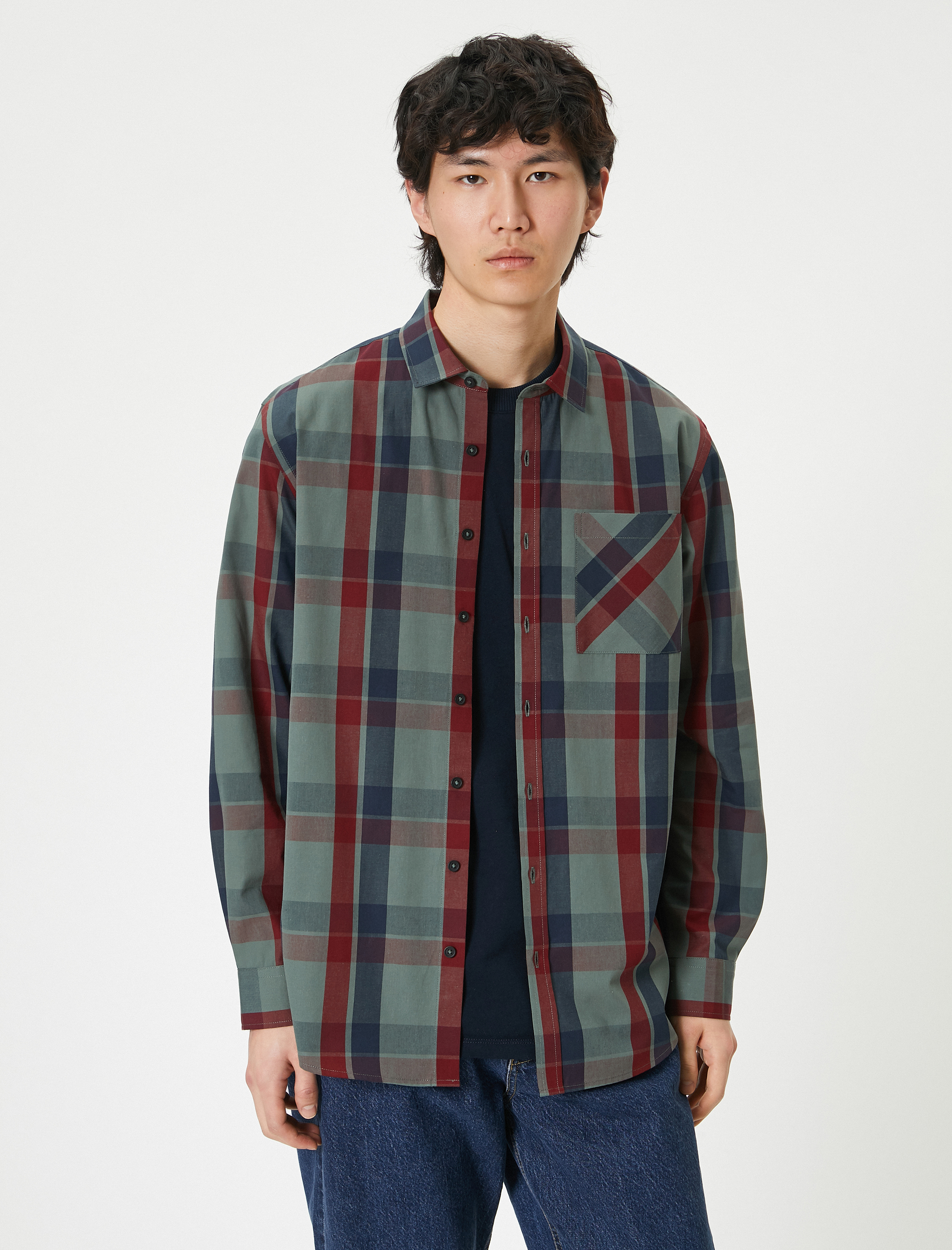   Kareli Gömlek Cep Detaylı Klasik Yaka Düğmeli Regular Fit