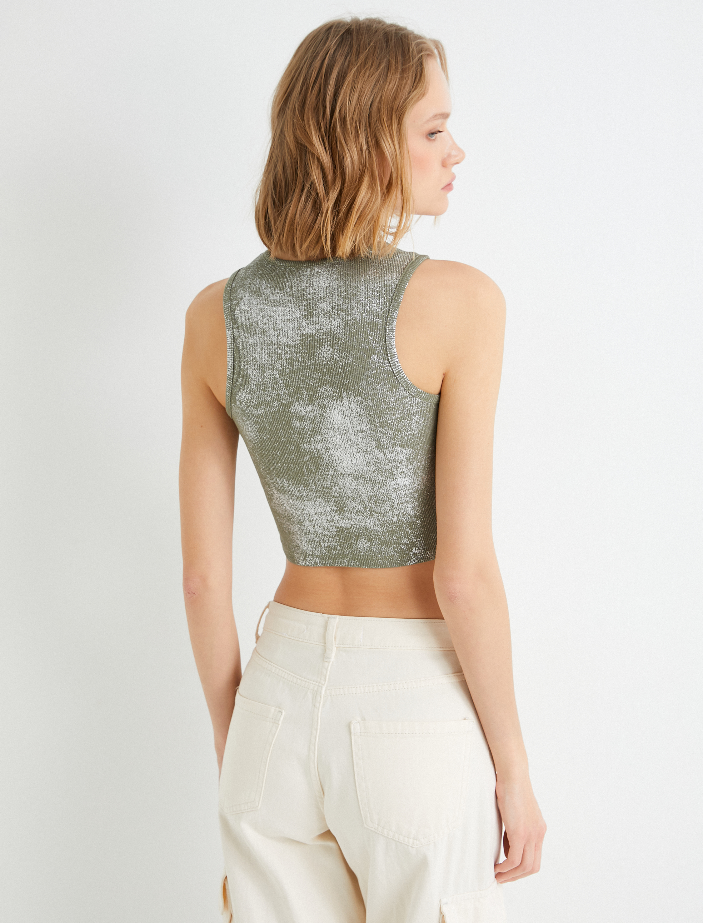   Crop Atlet Halter Yaka Metalik Sim Baskılı Fitilli