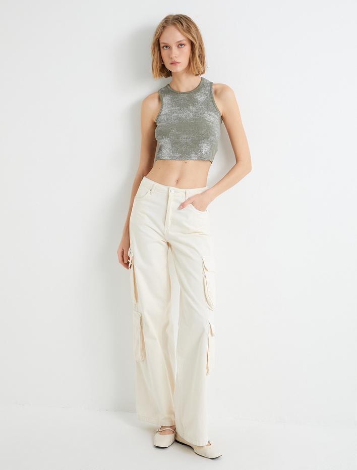  Crop Atlet Halter Yaka Metalik Sim Baskılı Fitilli