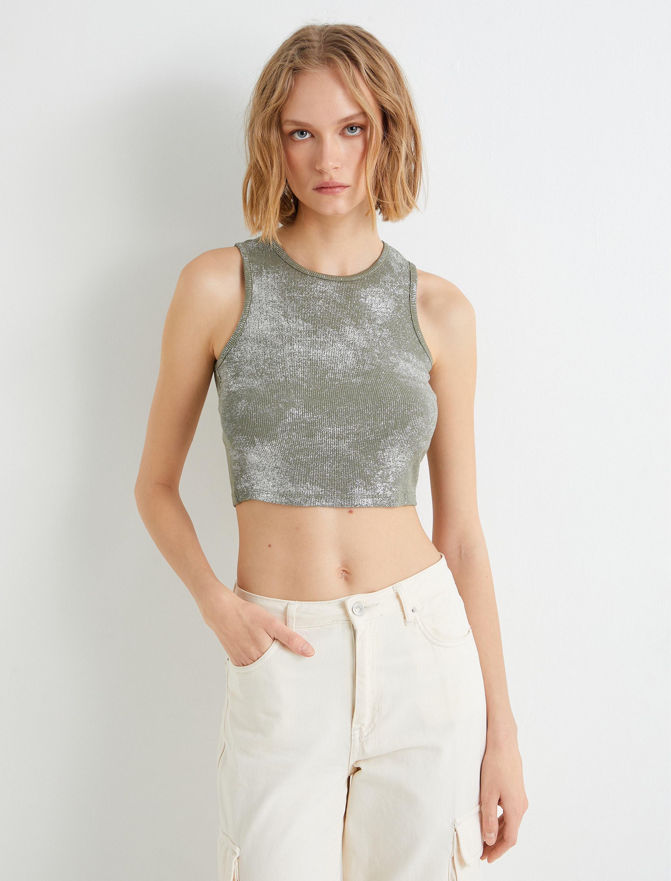   Crop Atlet Halter Yaka Metalik Sim Baskılı Fitilli