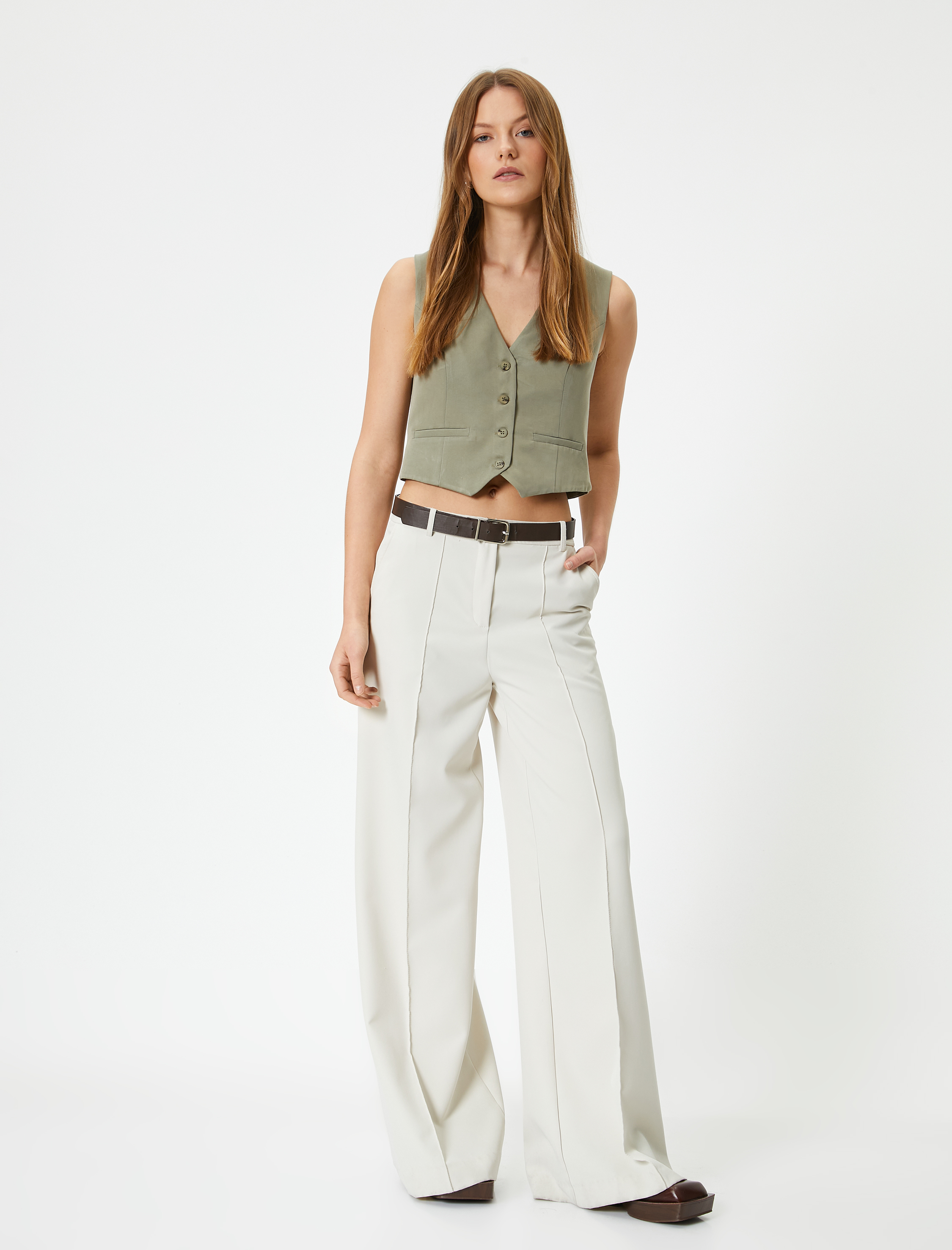   Crop Yelek V Yaka Düğmeli Fleto Cepli