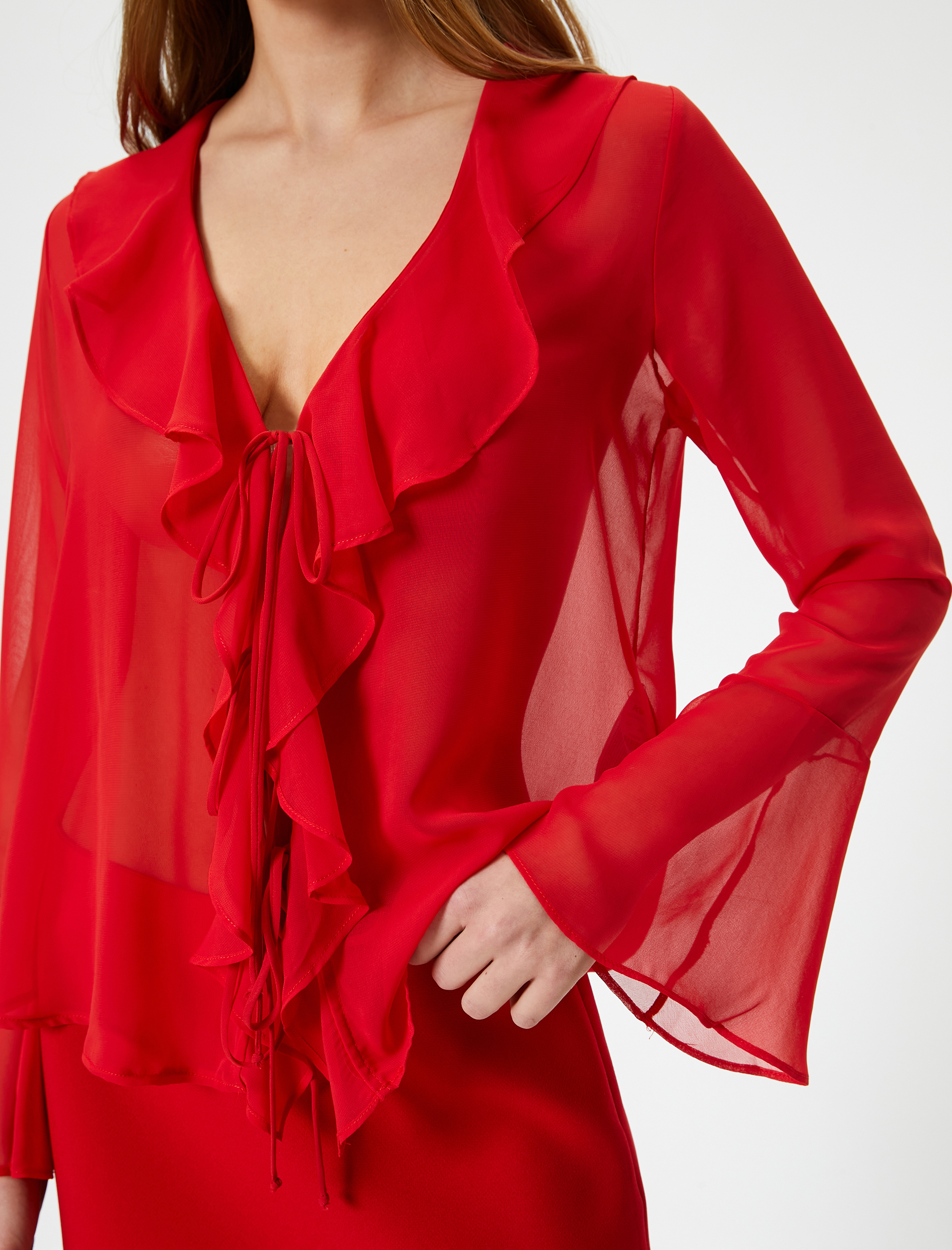 Şifon Gömlek Fırfırlı Bağlamalı Uzun Kollu V Yaka