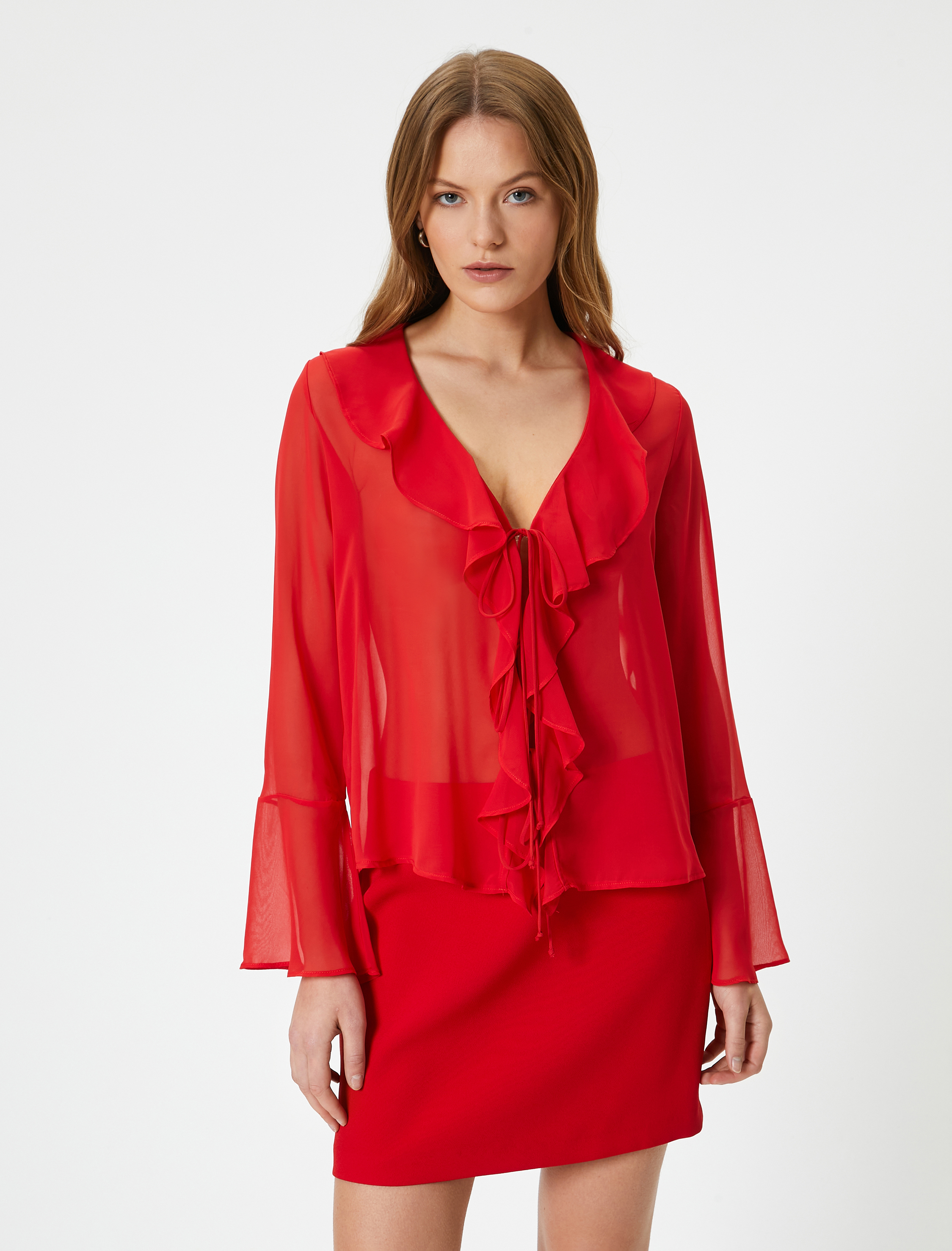 Şifon Gömlek Fırfırlı Bağlamalı Uzun Kollu V Yaka