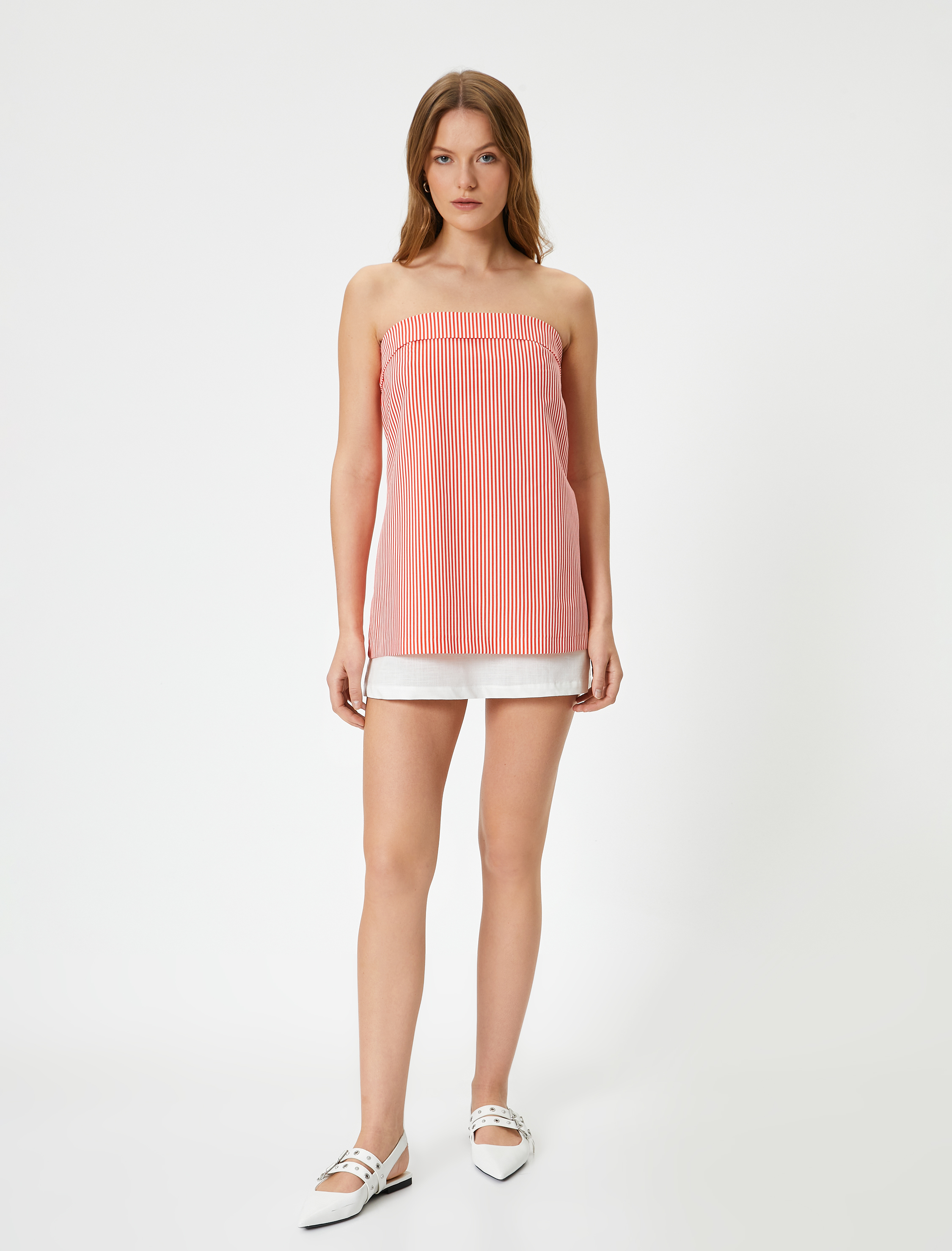   Mini Straplez Elbise Katlı Görünümlü Pamuklu