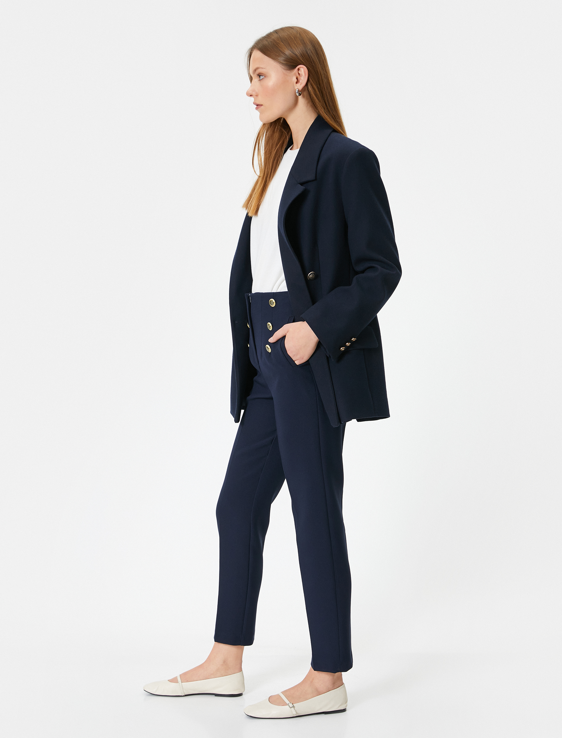   Kumaş Cigarette Pantolon Yüksek Bel Düğmeli Cepli